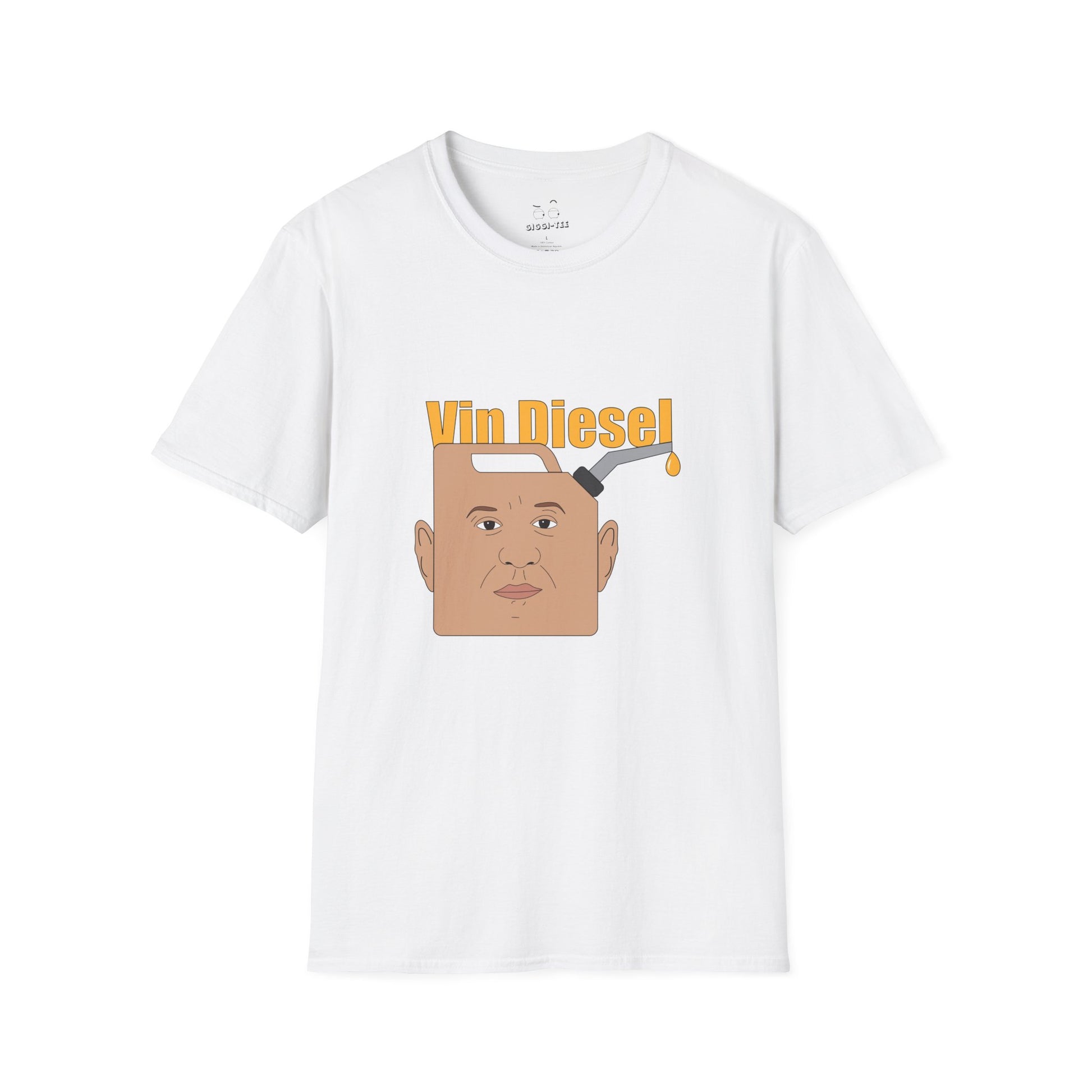 Shirt with a metal jerrycan or fuel canister shaped like Vin Diesel's head and torso, a pun on "Diesel" fuel and the actor's name.