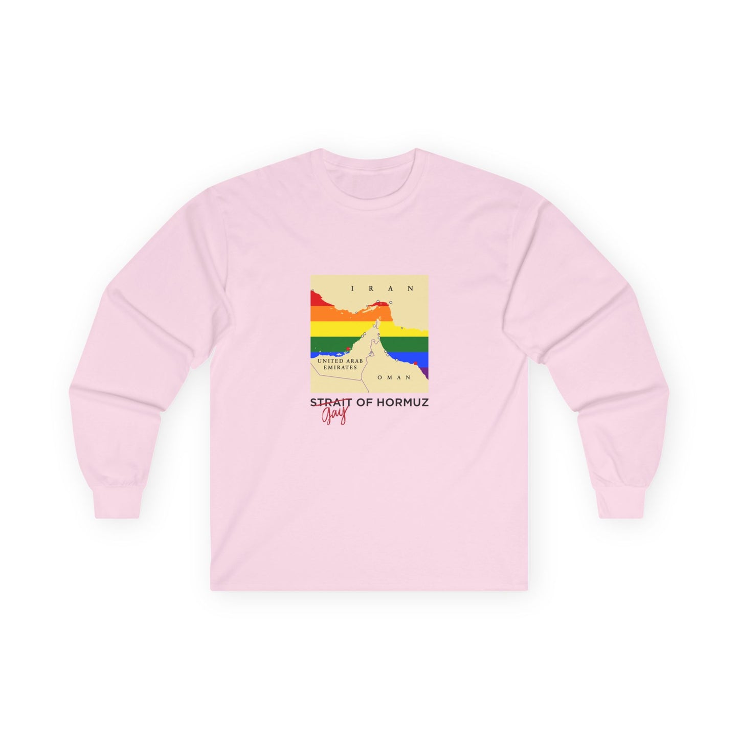 Funny long sleeve shirt with minimalist vector map of the Strait of Hormuz, Gay of Hormuz with a rainbow Pride flag filling the water between landmasses.