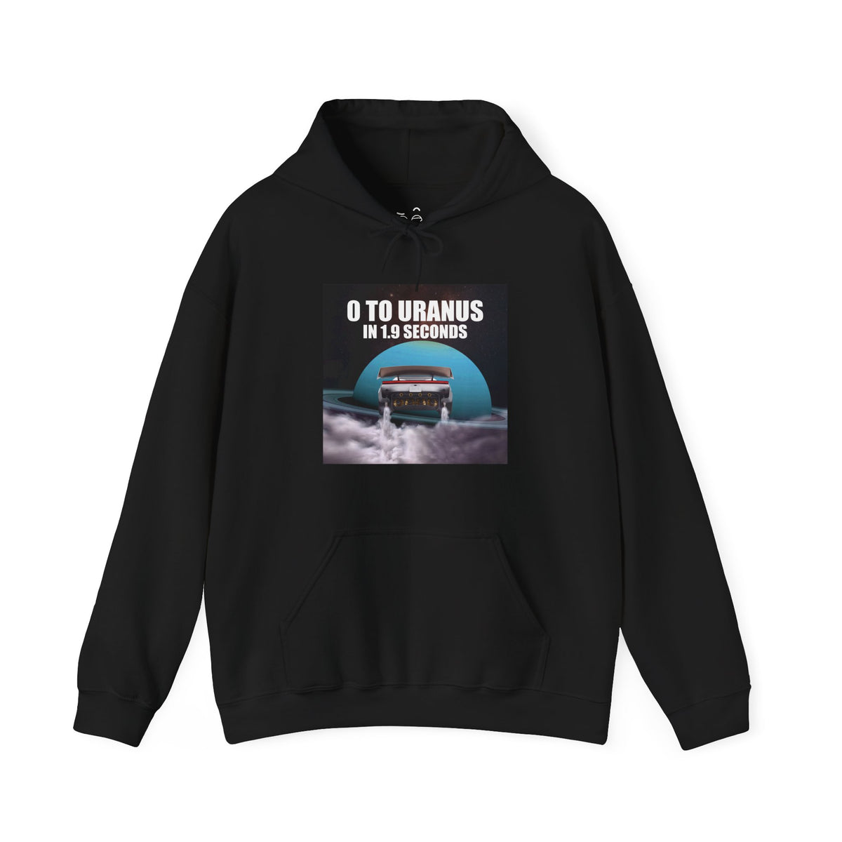 Funny Tesla Roadster meme graphic featuring a futuristic electric sports car racing toward Uranus with the text “0 to Uranus in 1.9 Seconds,” parodying Tesla's acceleration claim with a cheeky space pun.