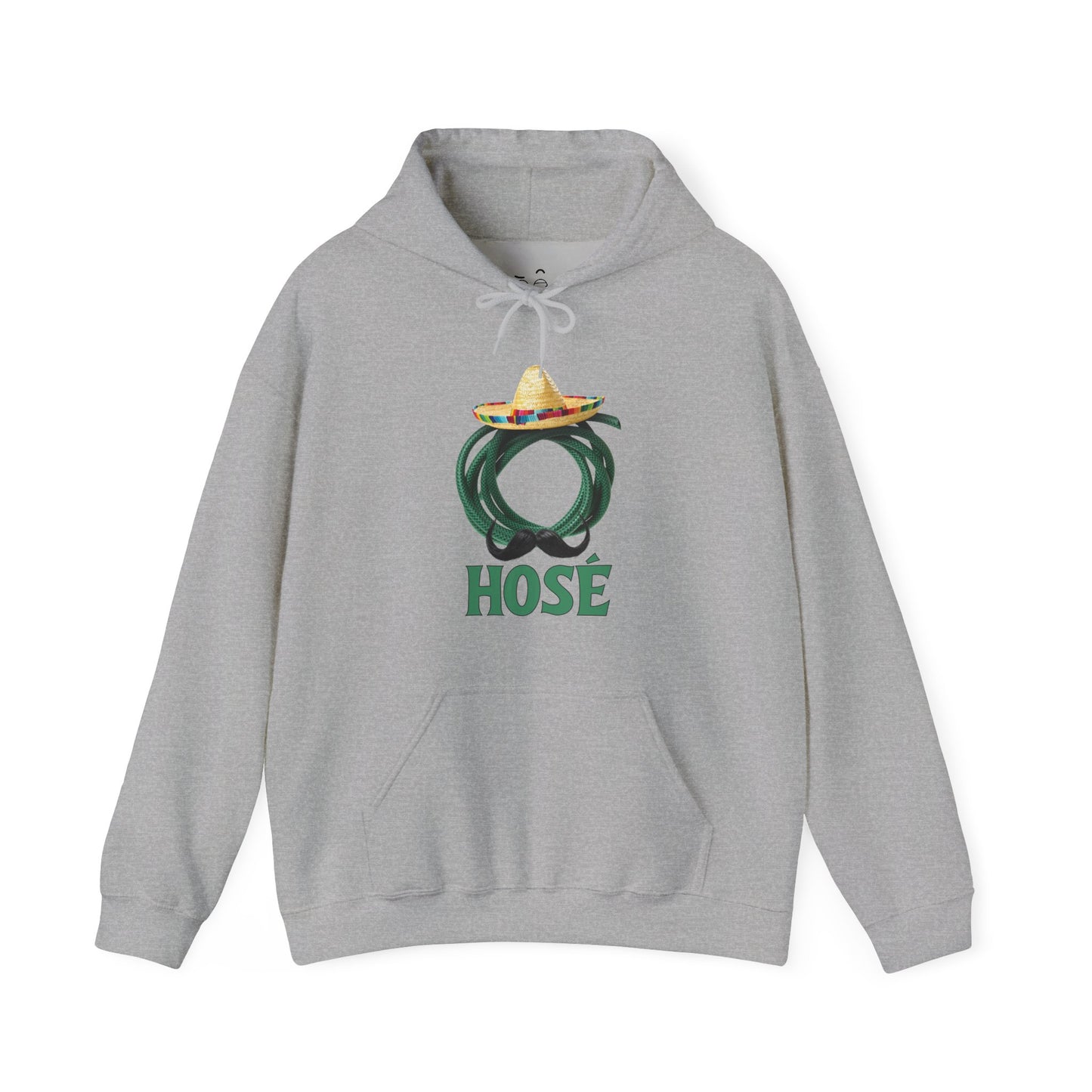 Hosé hoodie design featuring a green garden hose with sombrero and mustache