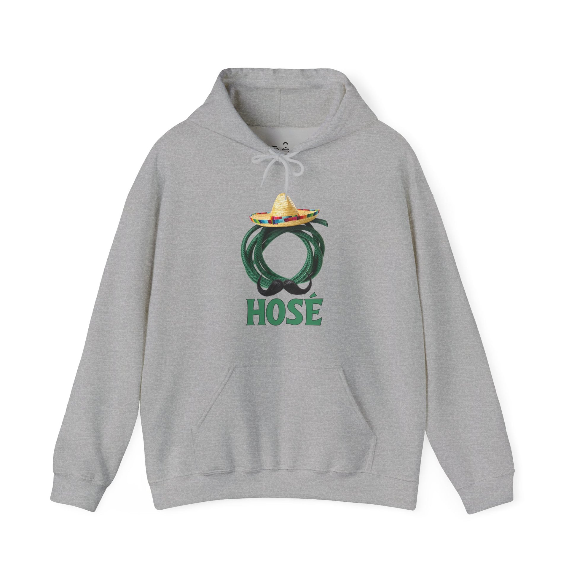 Hosé hoodie design featuring a green garden hose with sombrero and mustache