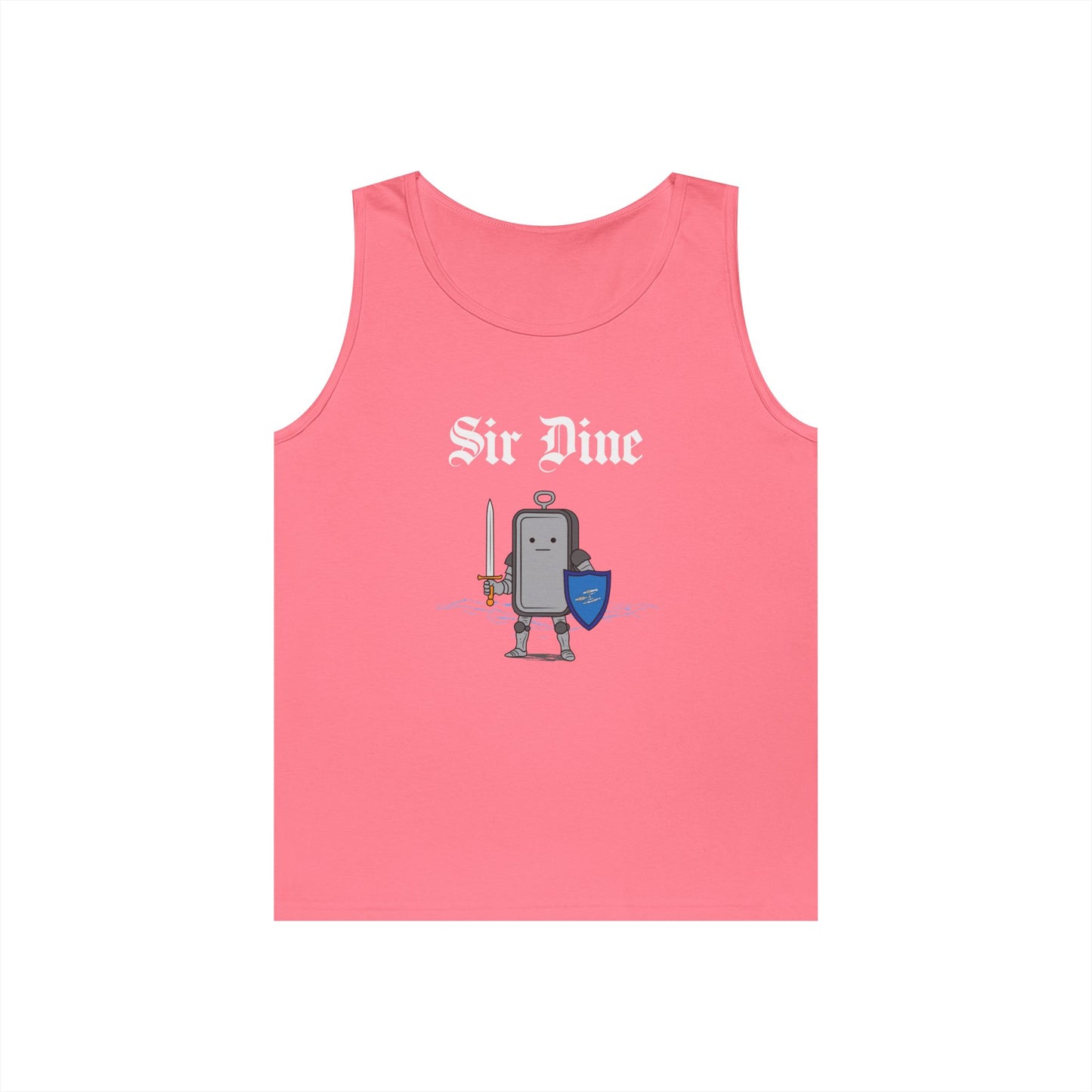 Sir Dine funny medieval tank top with armored sardine can. Clever sardine pun design.