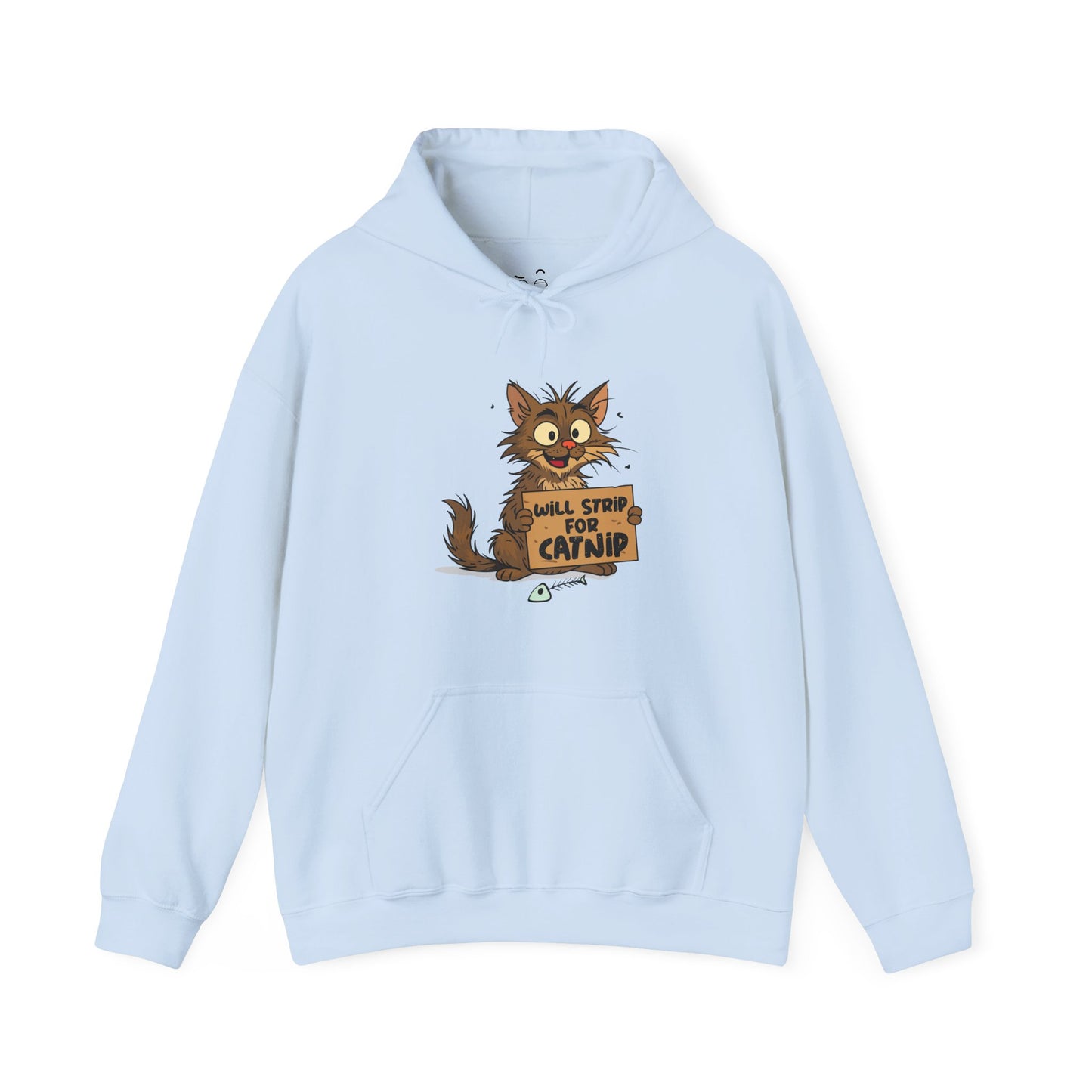 Will Strip for Catnip hoodie featuring a feral street cat holding a cardboard sign asking for catnip