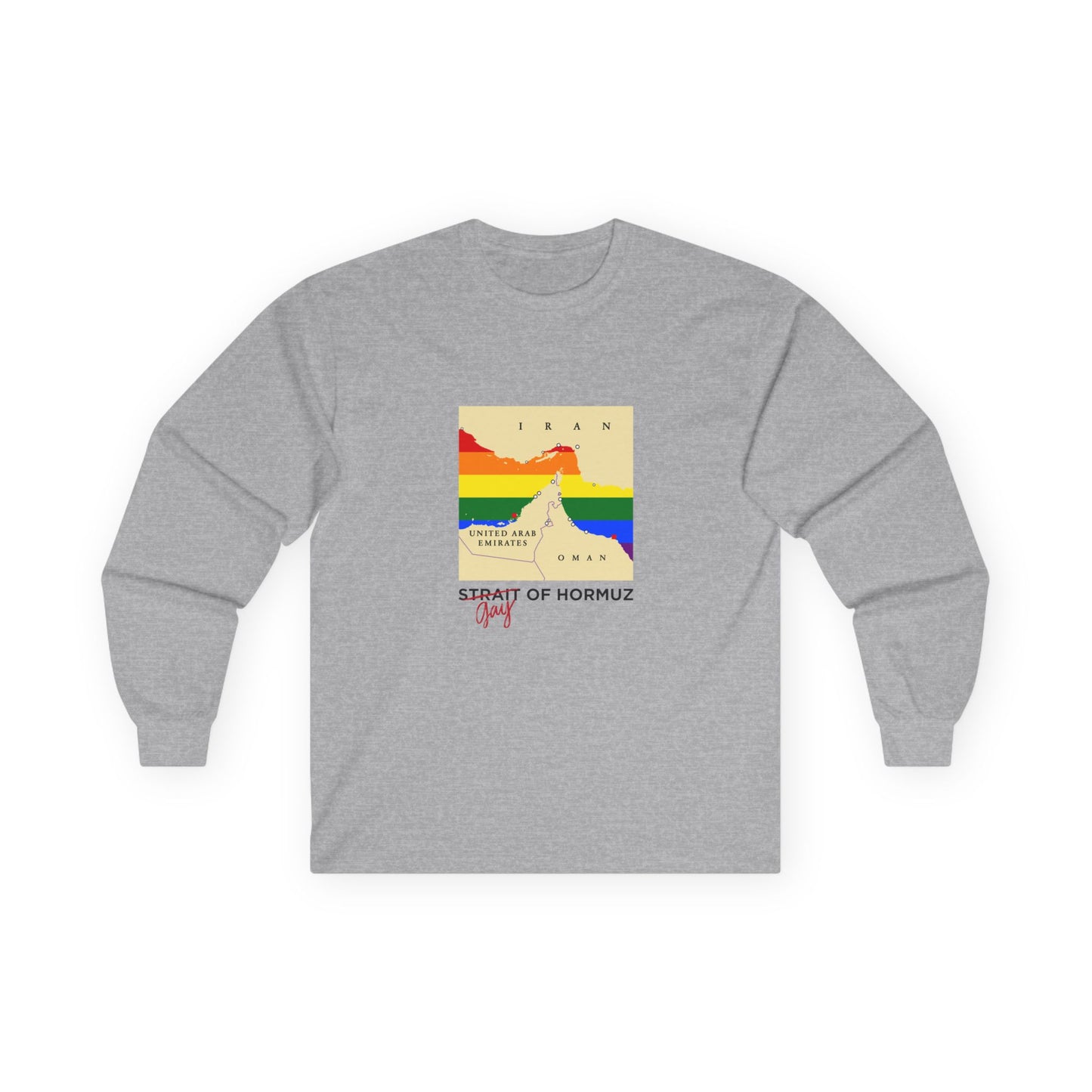 Funny long sleeve shirt with minimalist vector map of the Strait of Hormuz, Gay of Hormuz with a rainbow Pride flag filling the water between landmasses.