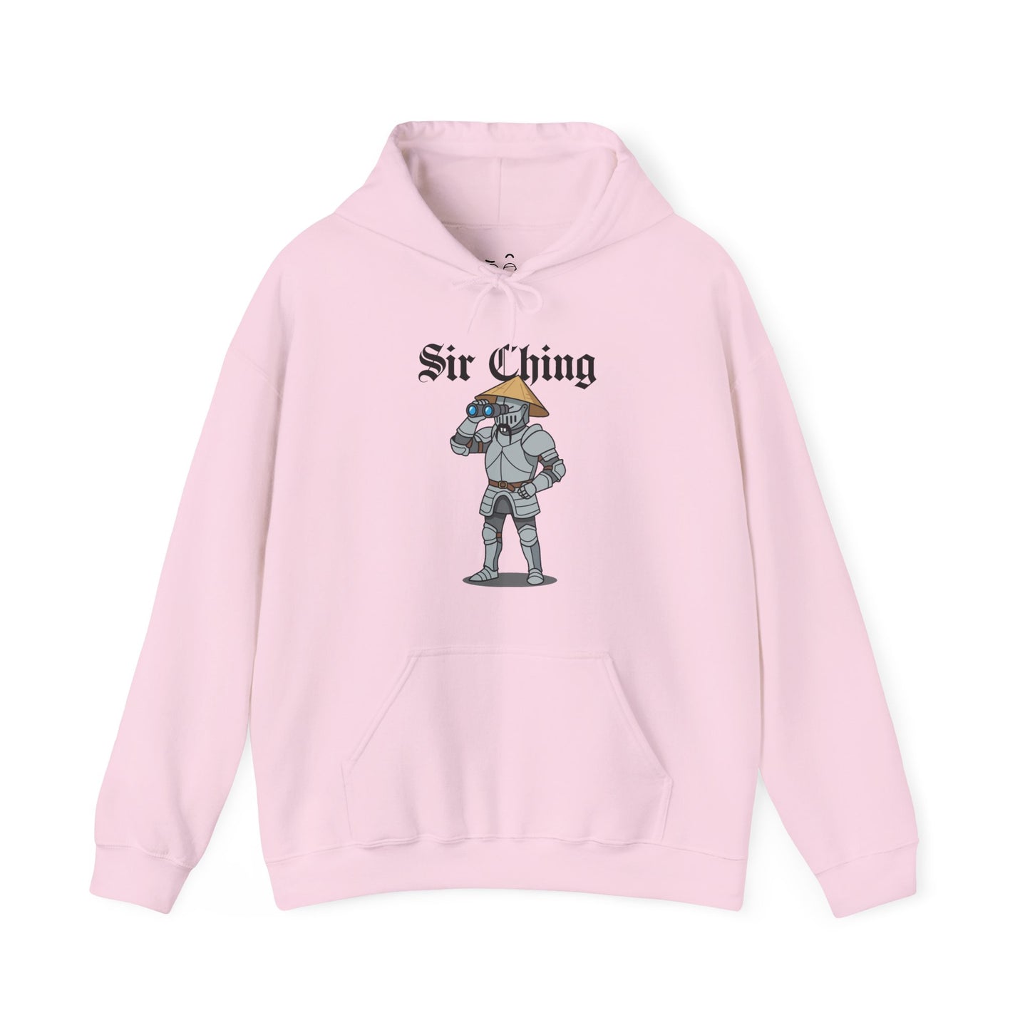 Sir Ching funny knight graphic hoodie showing a goofy Asian-inspired medieval knight in shining armor searching with binoculars, wearing a cone hat and buck teeth.