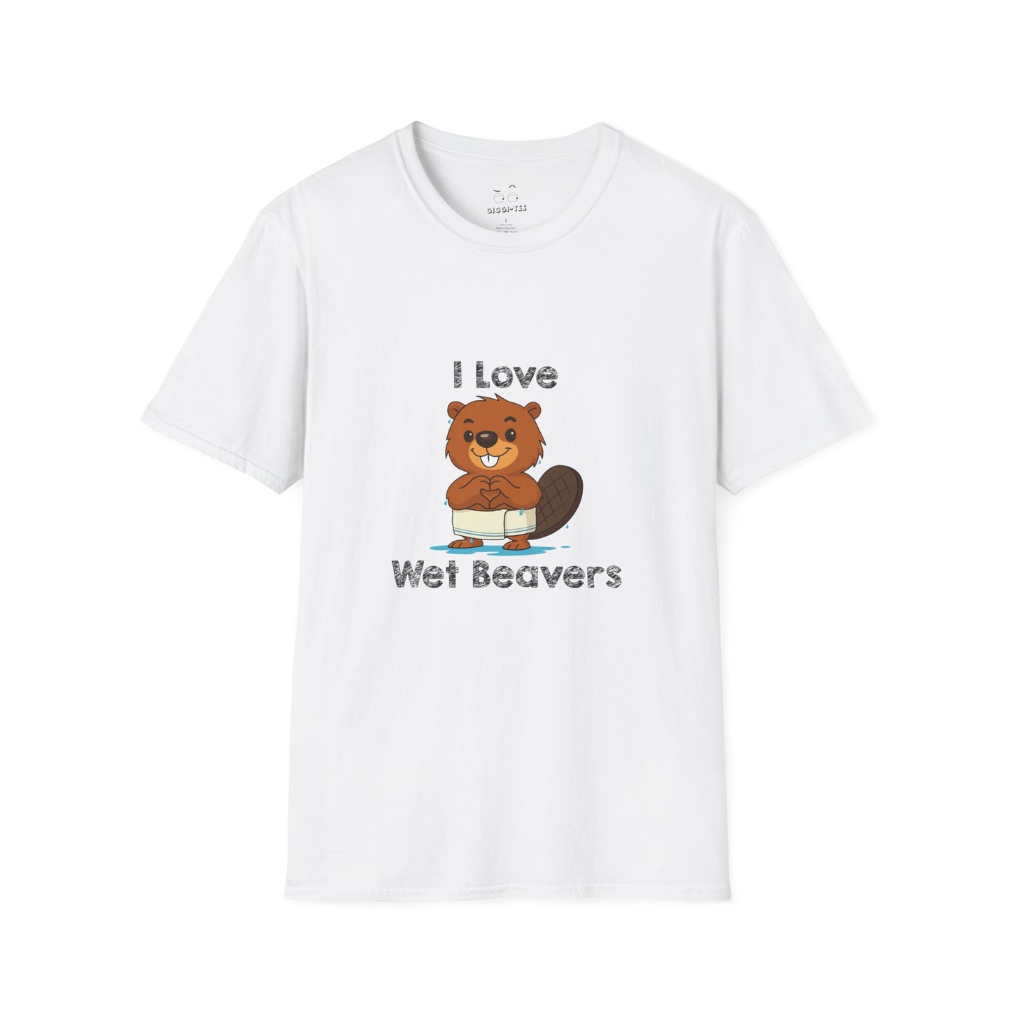 Funny beaver cartoon wearing a towel and dripping water, making a heart shape with its hands, “I Love Wet Beavers” humorous graphic design shirt