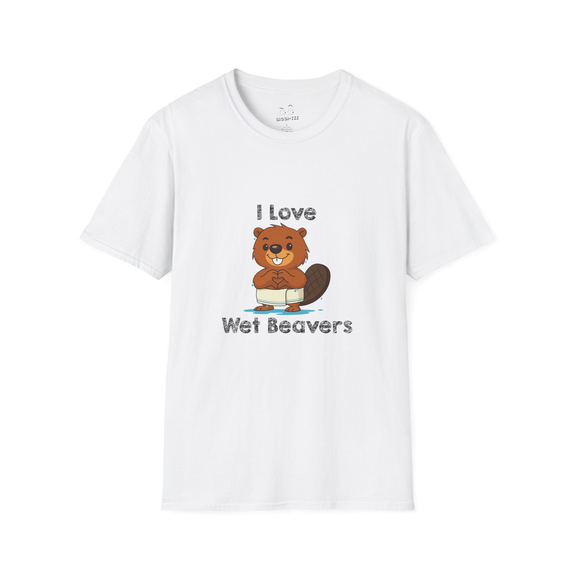 Funny beaver cartoon wearing a towel and dripping water, making a heart shape with its hands, “I Love Wet Beavers” humorous graphic design shirt