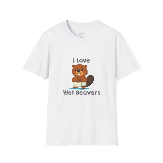 Funny beaver cartoon wearing a towel and dripping water, making a heart shape with its hands, “I Love Wet Beavers” humorous graphic design shirt