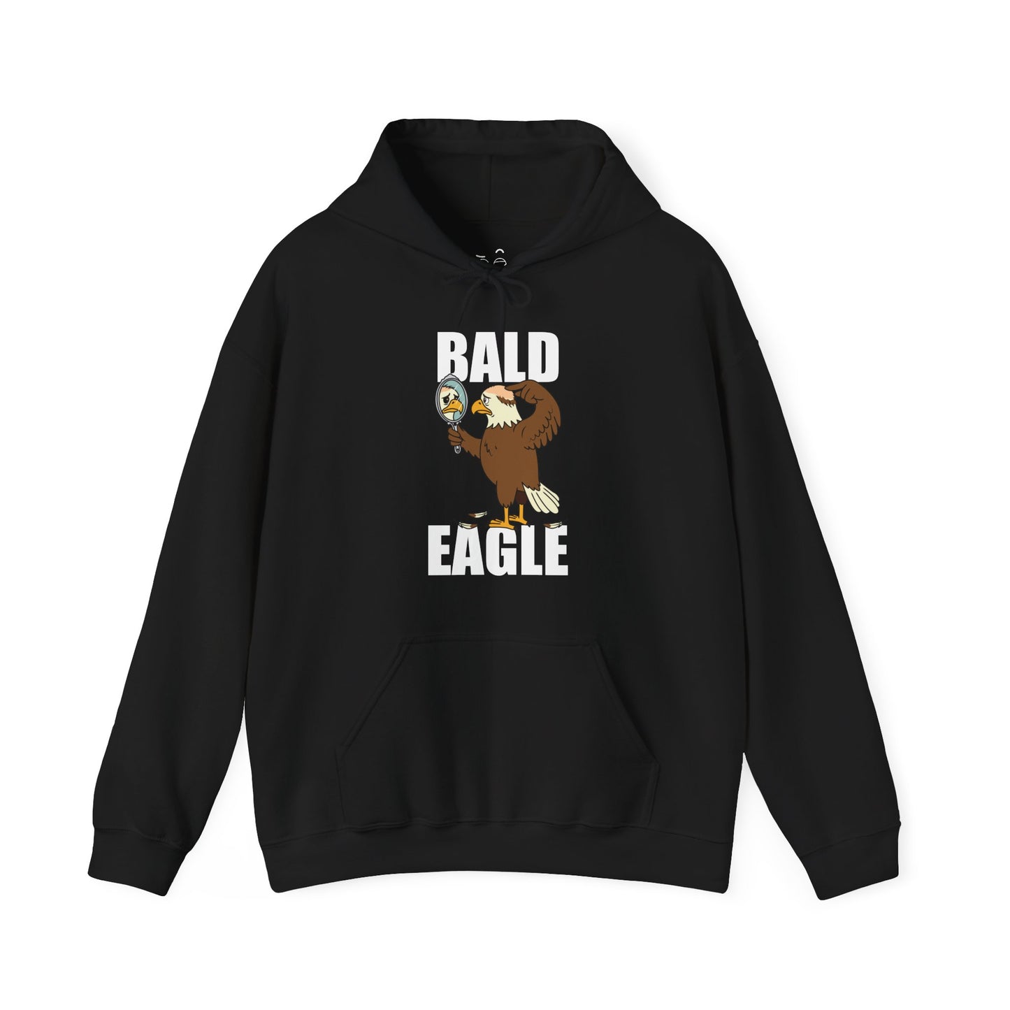 Bald Eagle hoodie design showing a sad eagle with a bald spot holding a mirror and looking upset.