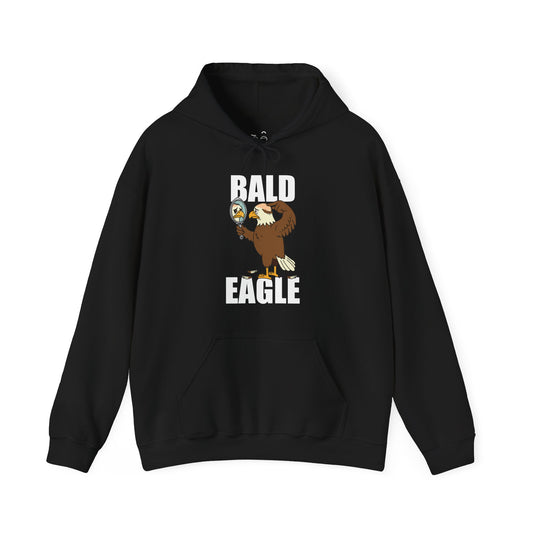 Bald Eagle hoodie design showing a sad eagle with a bald spot holding a mirror and looking upset.