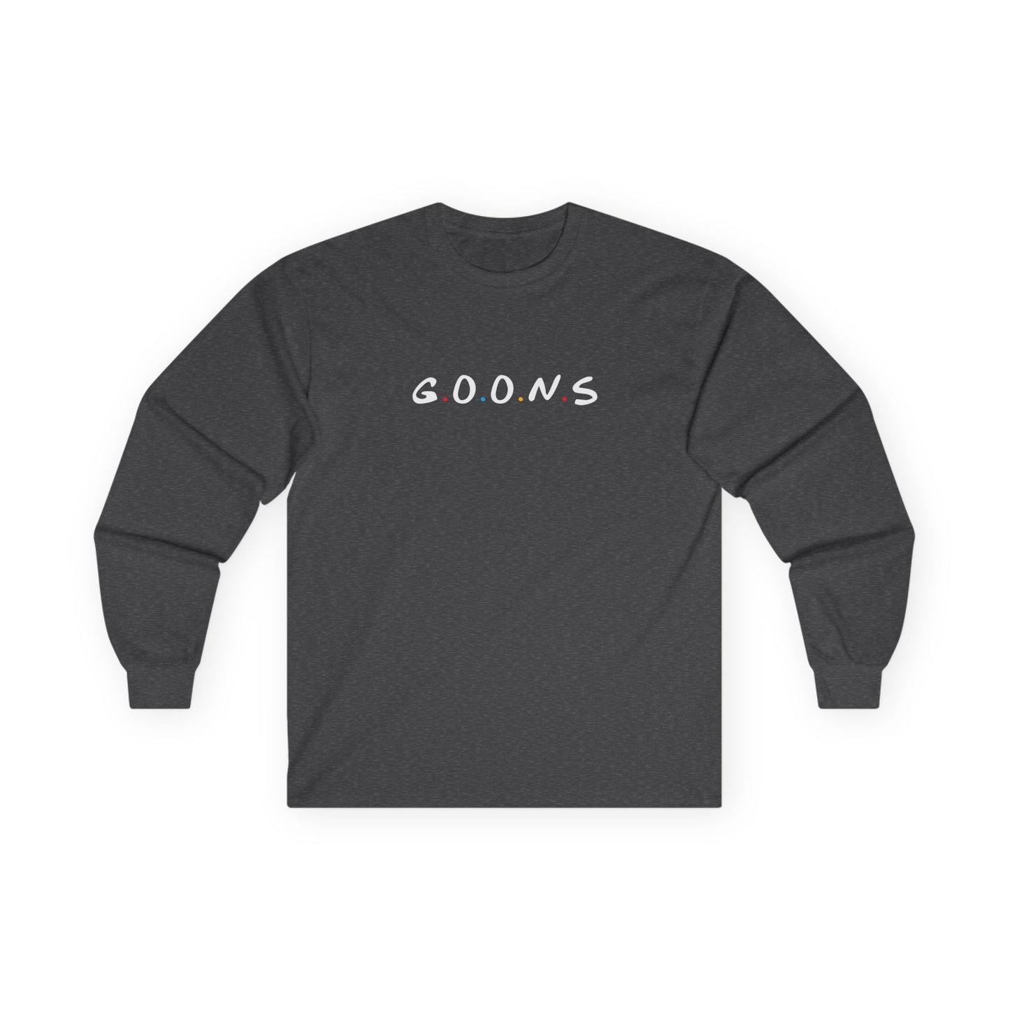 Goons long sleeve shirt design featuring the logo of friends comedy sitcom, humorous parody apparel