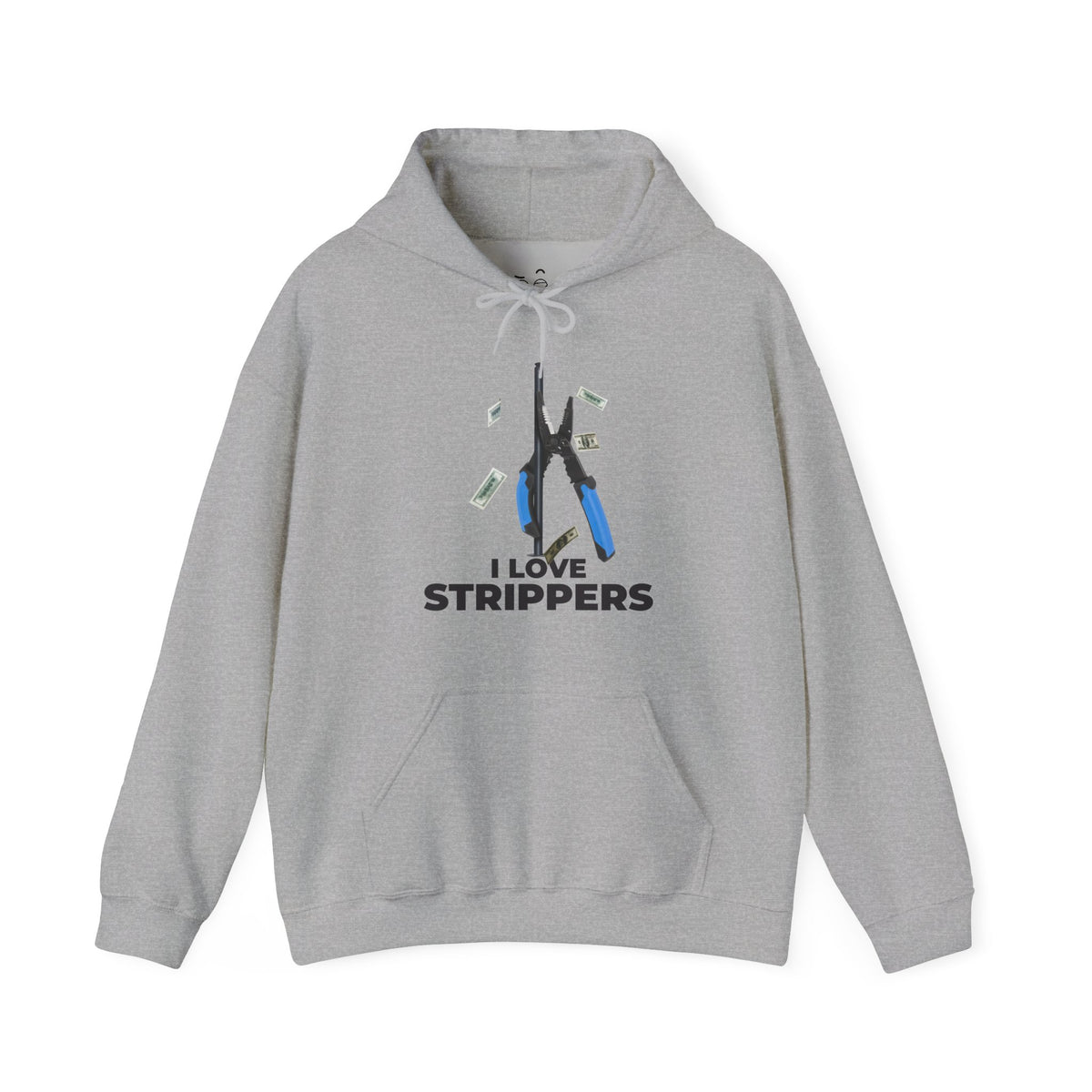 I Love Strippers Hoodie with a wire stripper dancing on a pole and dollar bills flying around, funny electrician graphic.