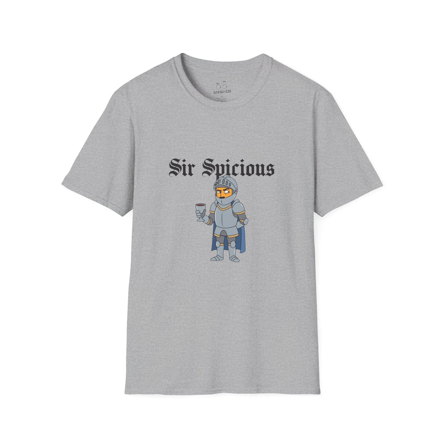 Sir Spicious suspicious funny medieval pun knight graphic on a white t-shirt