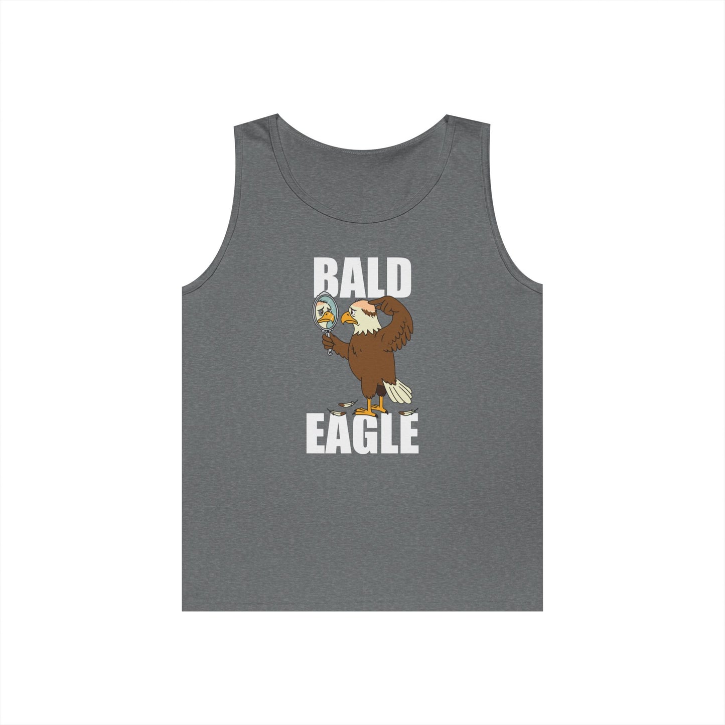 Bald Eagle tank top graphic featuring a sad eagle with a bald spot looking in a mirror.