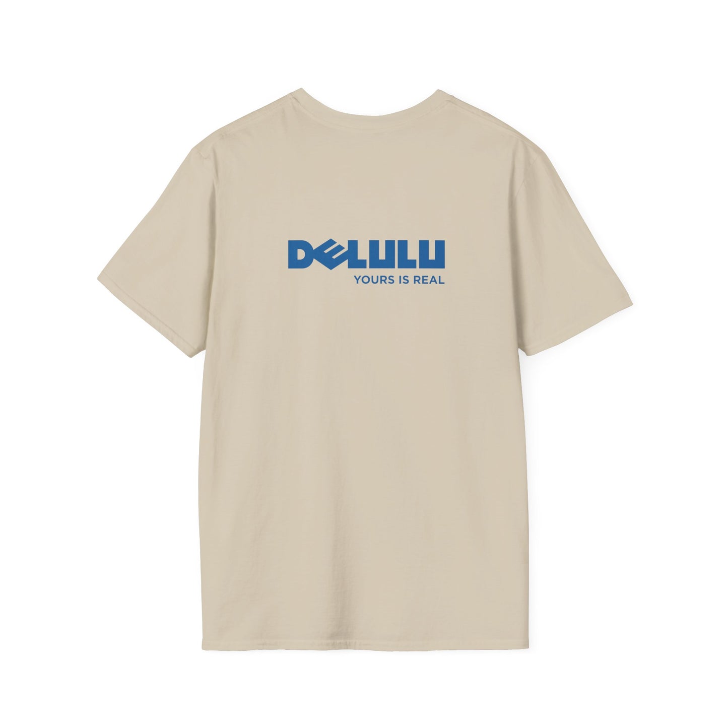 Delulu parody back print t-shirt design with Dell logo transformed into the word ‘Delulu’, nerdy tech humor shirt, laptop and computer fan gift