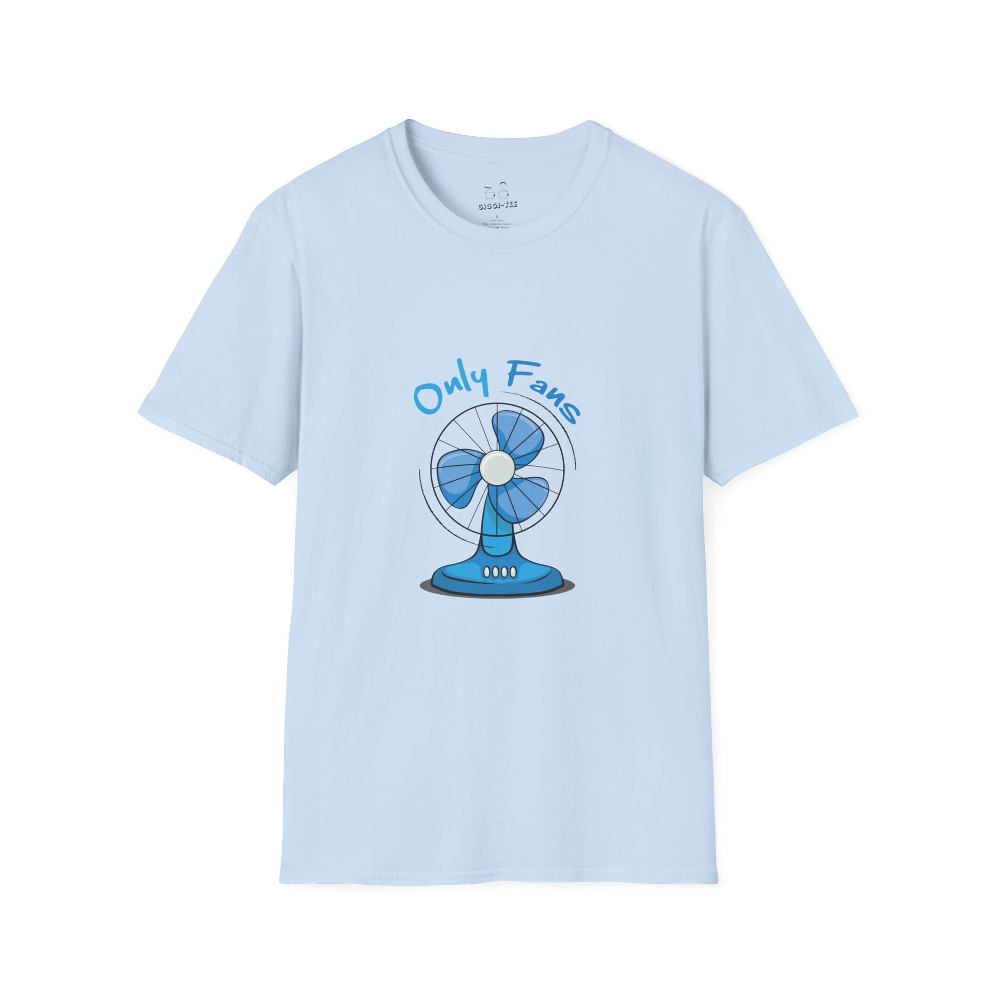 T-shirt featuring a minimalist cartoon illustration of a vintage electric desk fan, a pun on the OnlyFans logo.