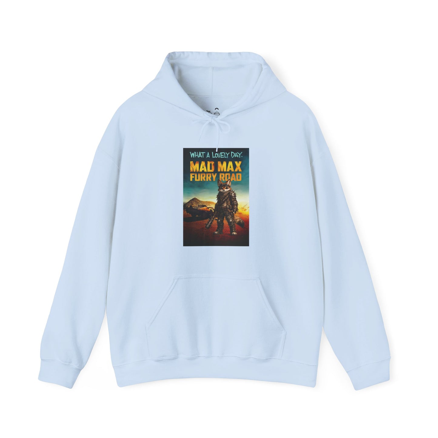 Mad Max Furry Road hoodie design with a furry character parody on a post-apocalyptic movie poster graphic.