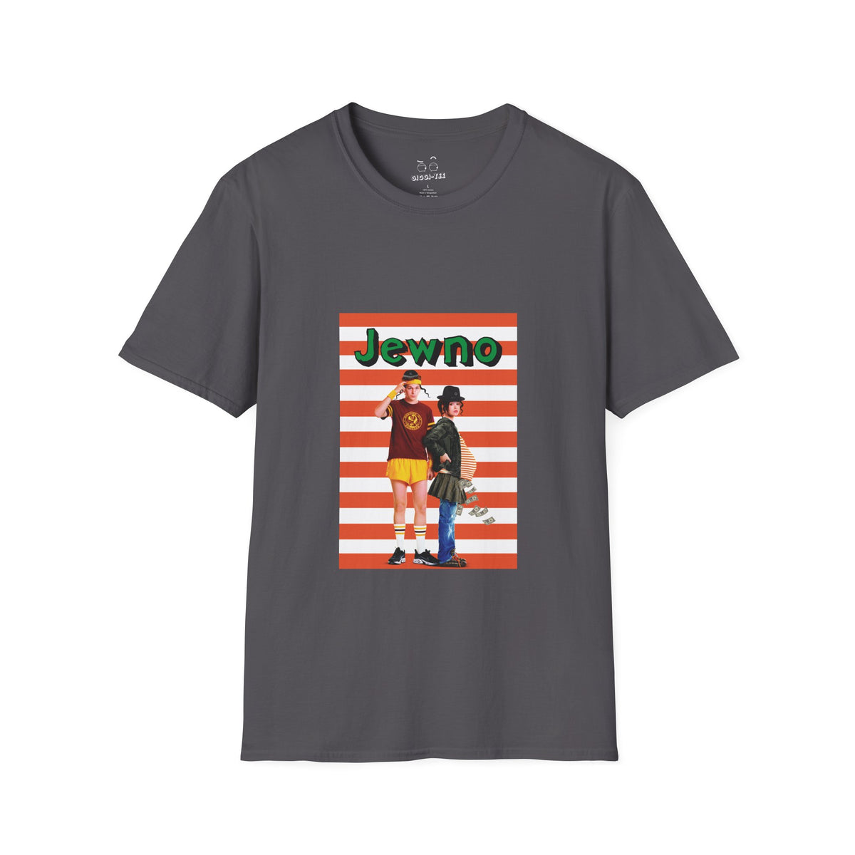Funny Jewno shirt parodying the Juno movie poster, featuring characters wearing kippahs and side curls with money raining from a pregnant belly.