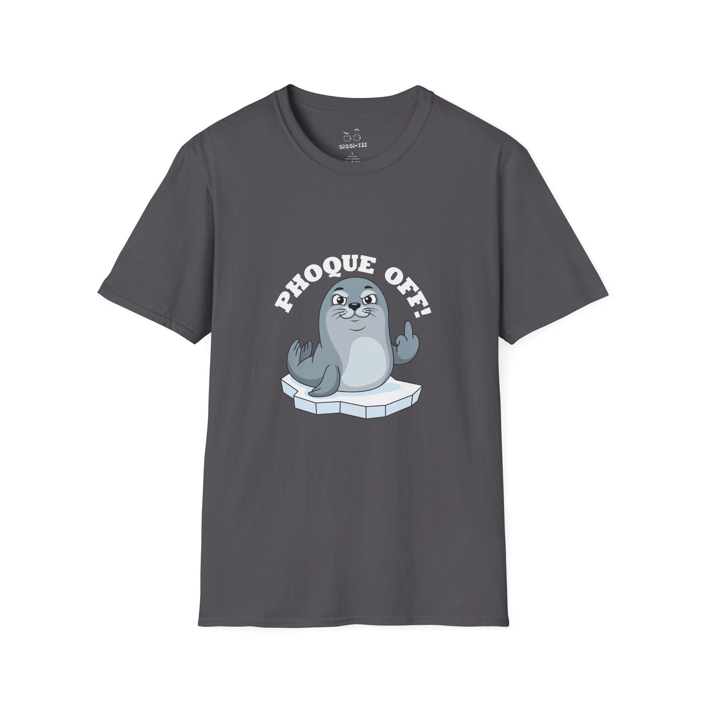 A seal giving the middle finger with the words "Phoque Off," a humorous French wordplay graphic design for a funny pun T-shirt.
