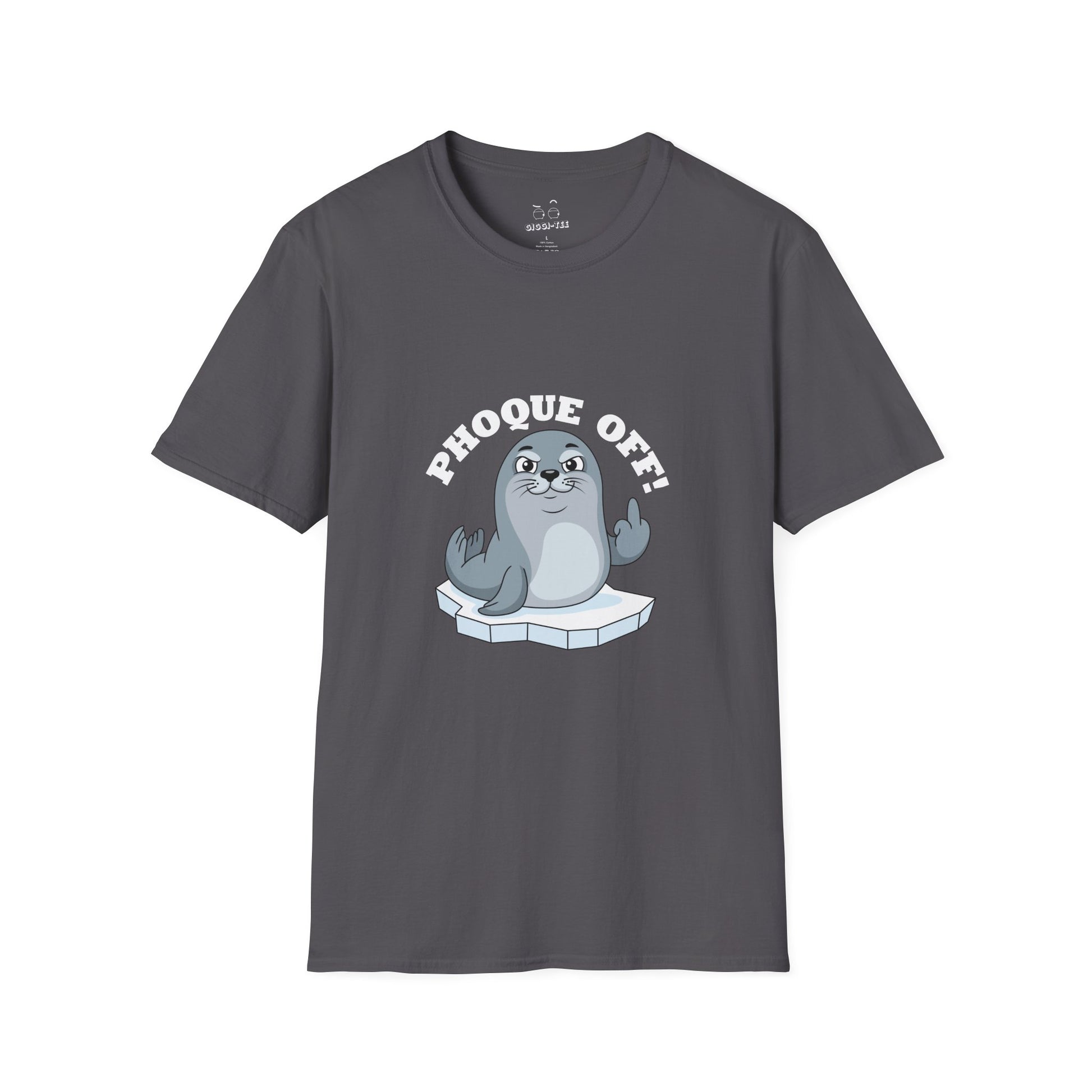 A seal giving the middle finger with the words "Phoque Off," a humorous French wordplay graphic design for a funny pun T-shirt.
