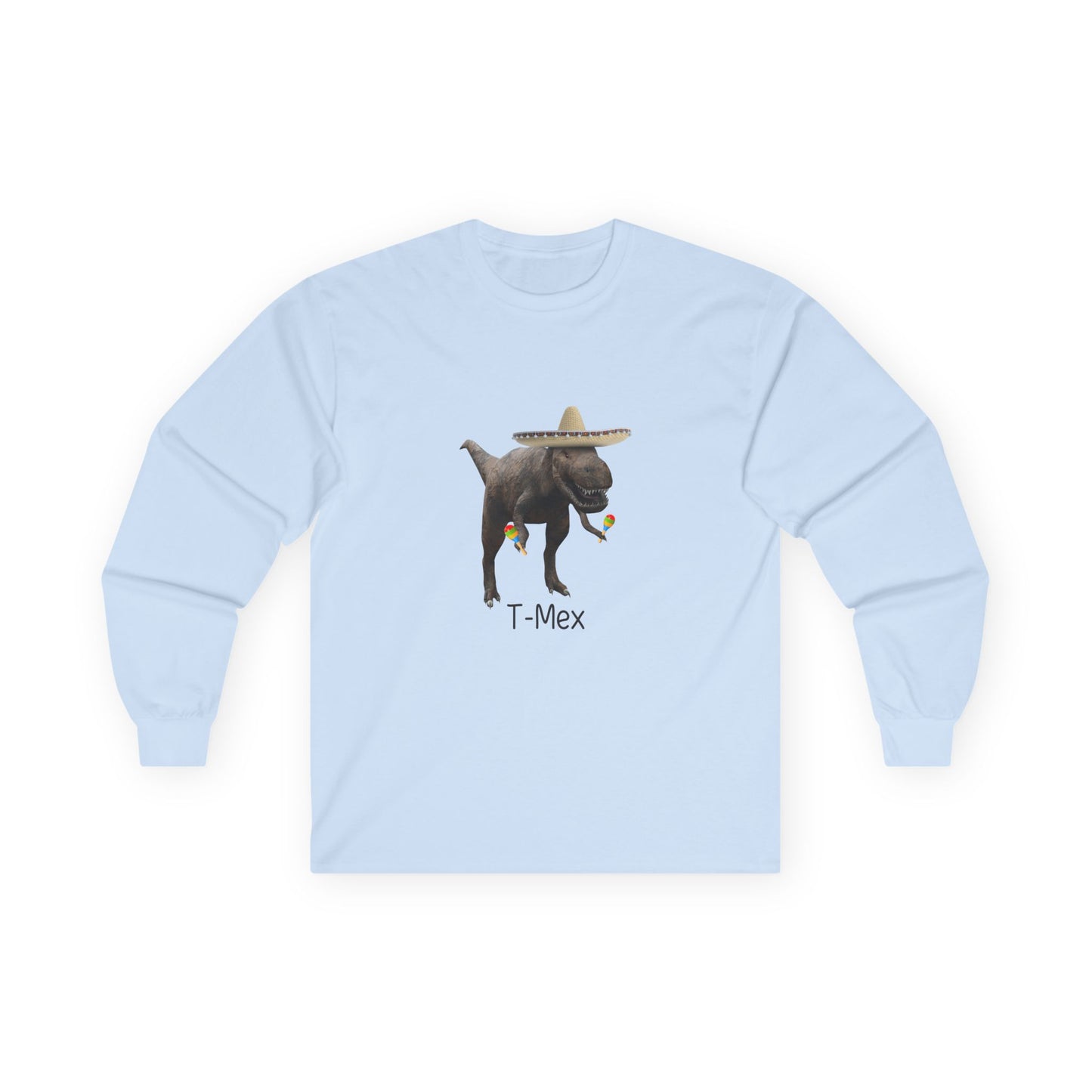 T-Mex dinosaur pun design on a long sleeve shirt featuring a festive T-Rex with a sombrero and maracas.
