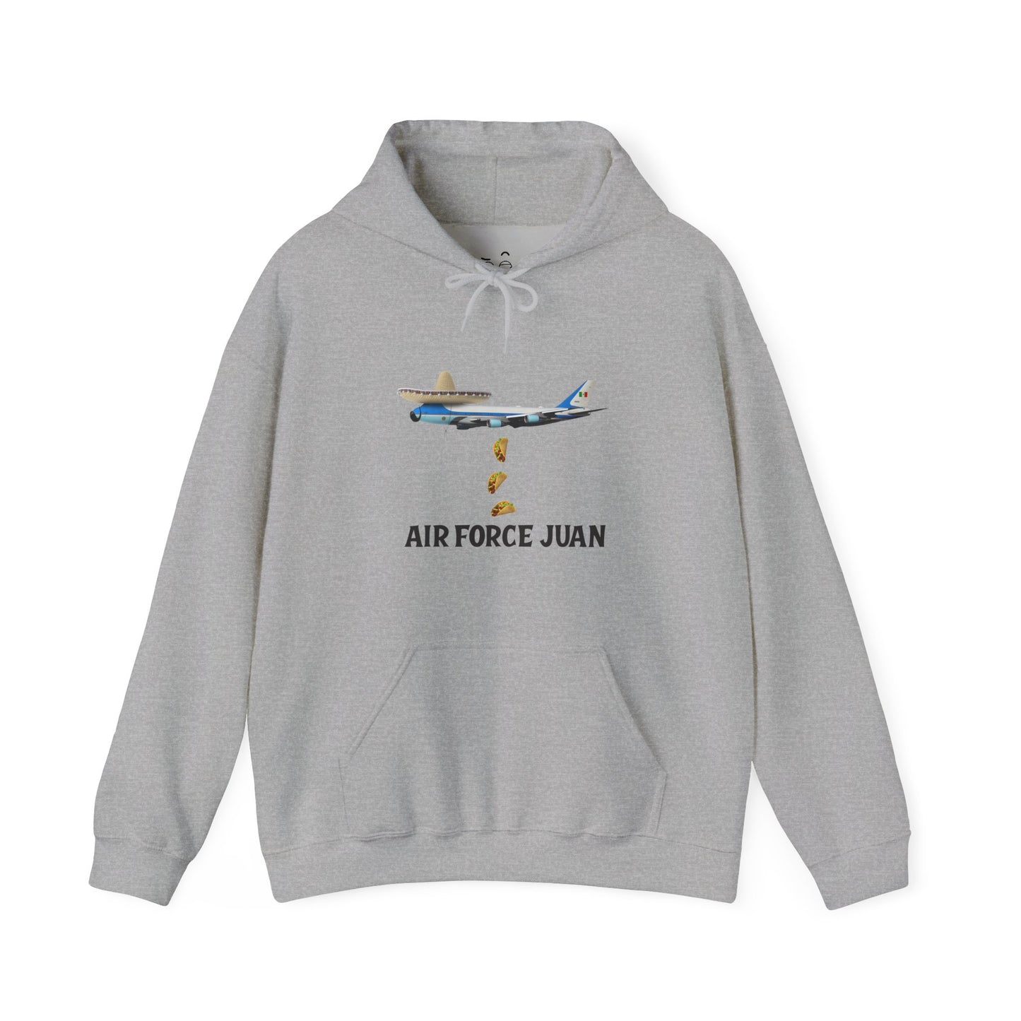 Air Force Juan parody hoodie featuring a presidential airplane with sombrero and tacos