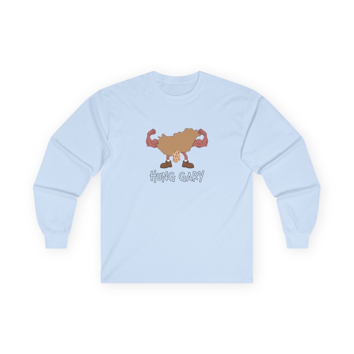 Hung Gary pun long sleeve shirt: Hungary map illustration flexing muscles with an adult-themed pixelated graphic. Funny geography.