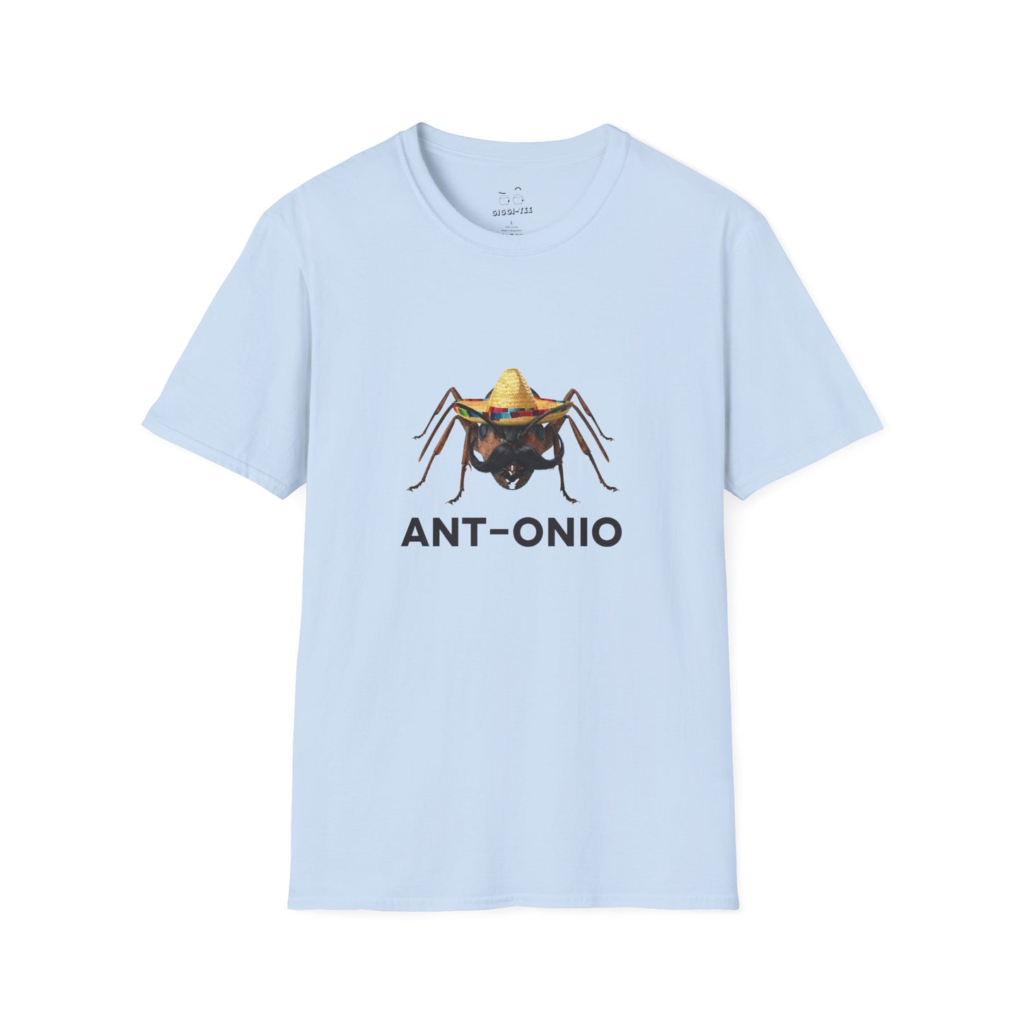 Antonio ant shirt featuring an ant with a big mustache and sombrero. Funny Spanish name pun and animal graphic.