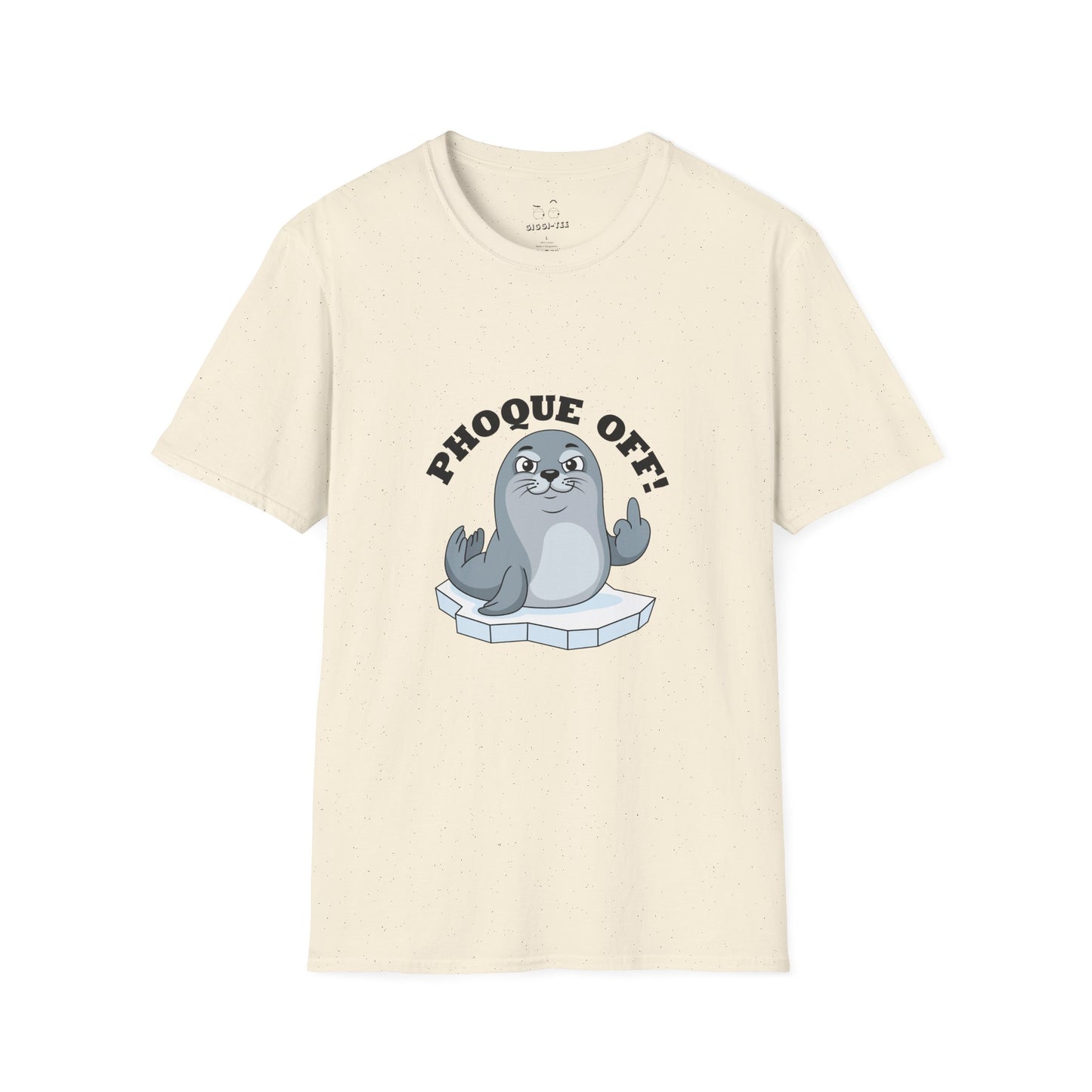 A seal giving the middle finger with the words "Phoque Off," a humorous French wordplay graphic design for a funny pun T-shirt.