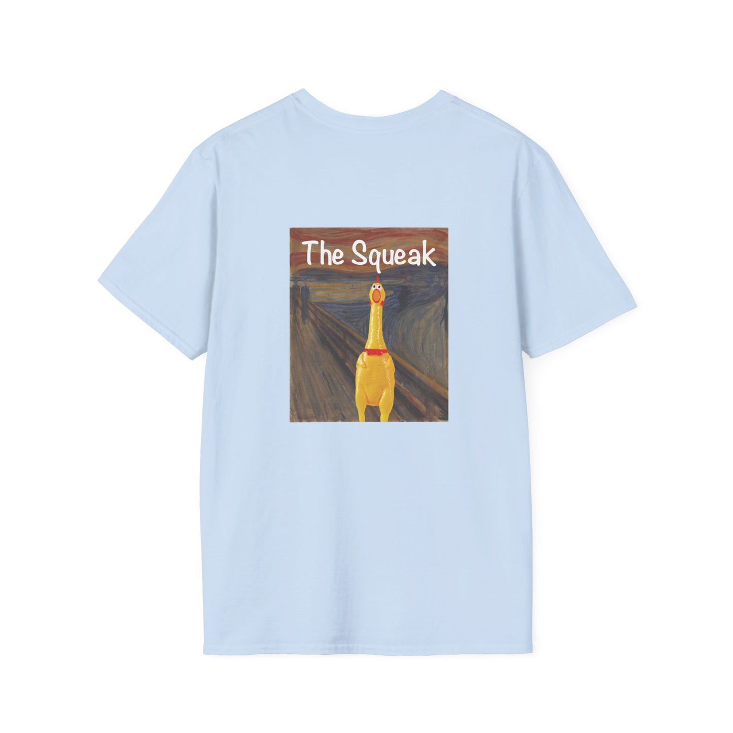 Parody of The Scream painting featuring a squeaky rubber chicken in place of the screaming figure on a t-shirt design.