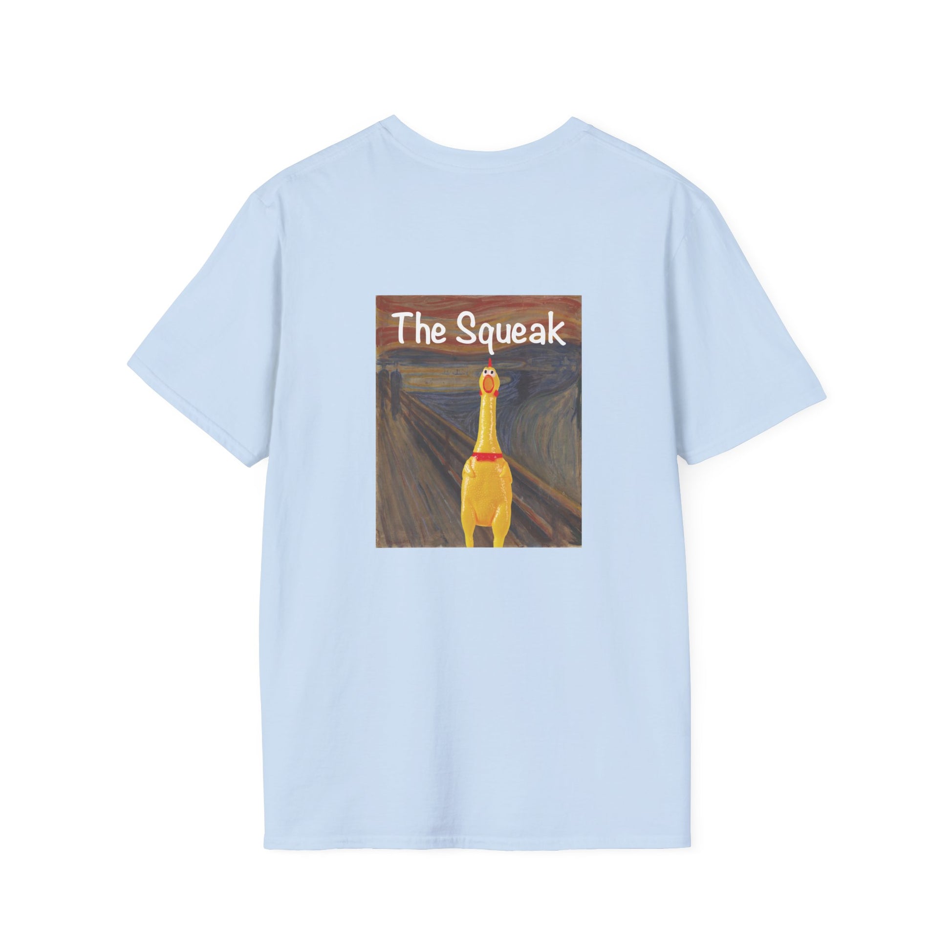 Parody of The Scream painting featuring a squeaky rubber chicken in place of the screaming figure on a t-shirt design.