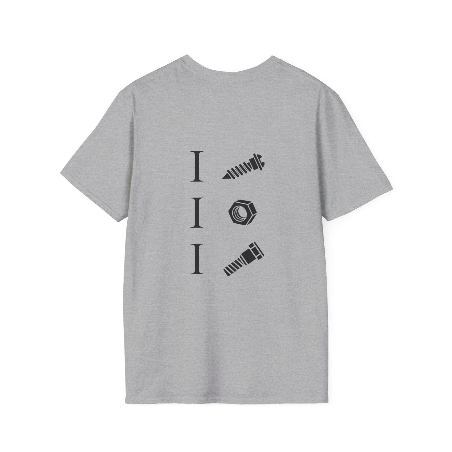 back print t-shirt with icons of a screw, nut, and bolt alongside text ‘I Screw I Nut I Bolt,’ pun design.