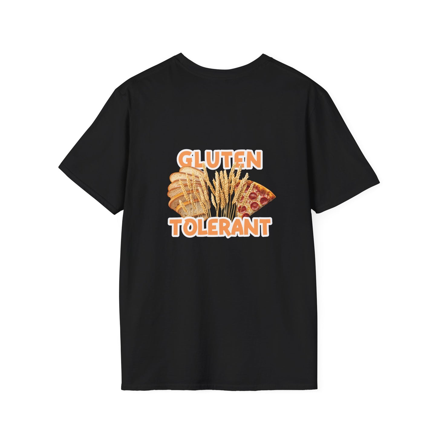 Gluten Tolerant t-shirt featuring wheat, bread, and pizza illustration