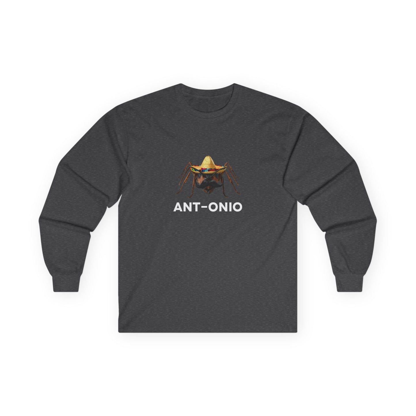 Antonio ant long sleeve shirt featuring an ant with a big mustache and sombrero. Funny Spanish name pun and animal graphic.