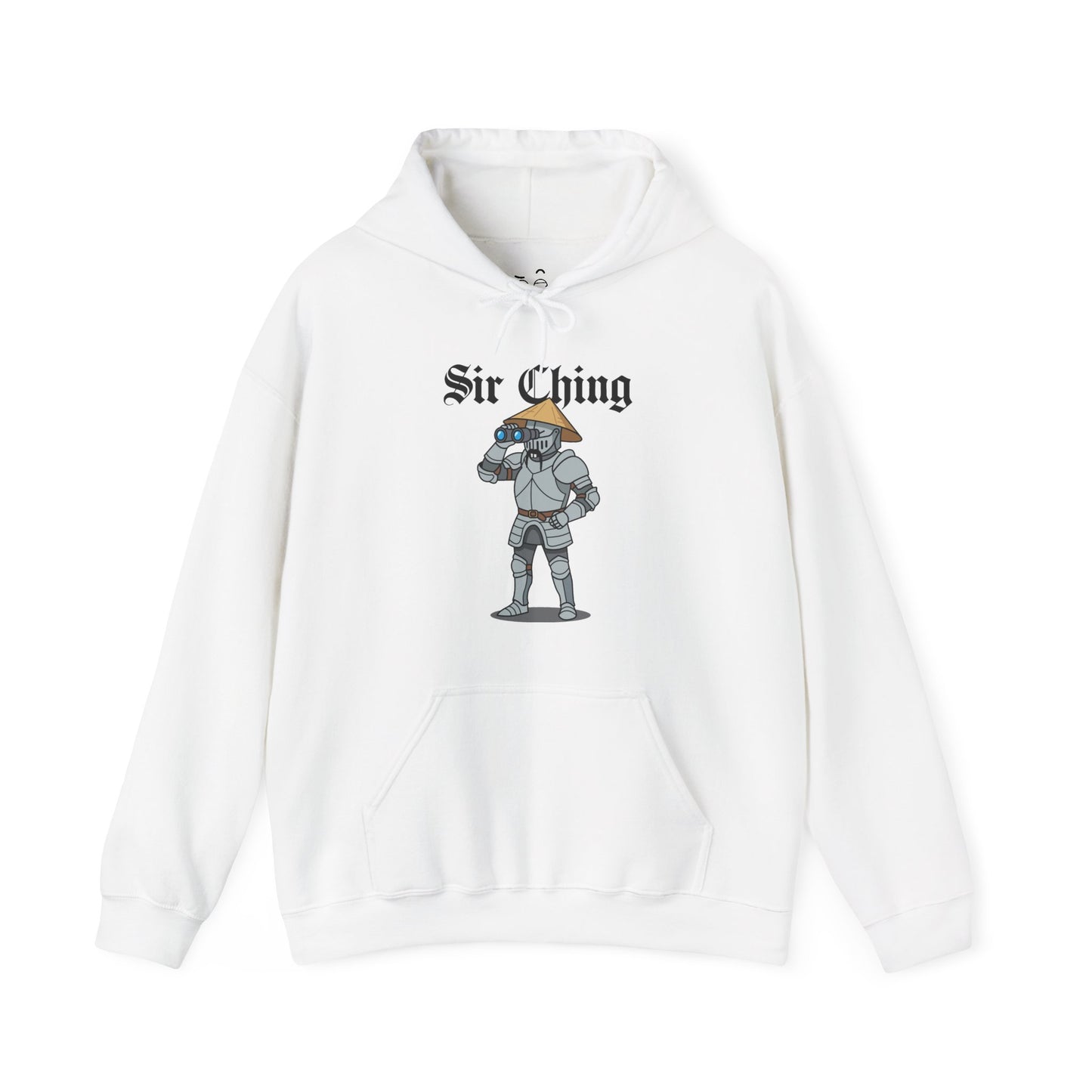 Sir Ching funny knight graphic hoodie showing a goofy Asian-inspired medieval knight in shining armor searching with binoculars, wearing a cone hat and buck teeth.