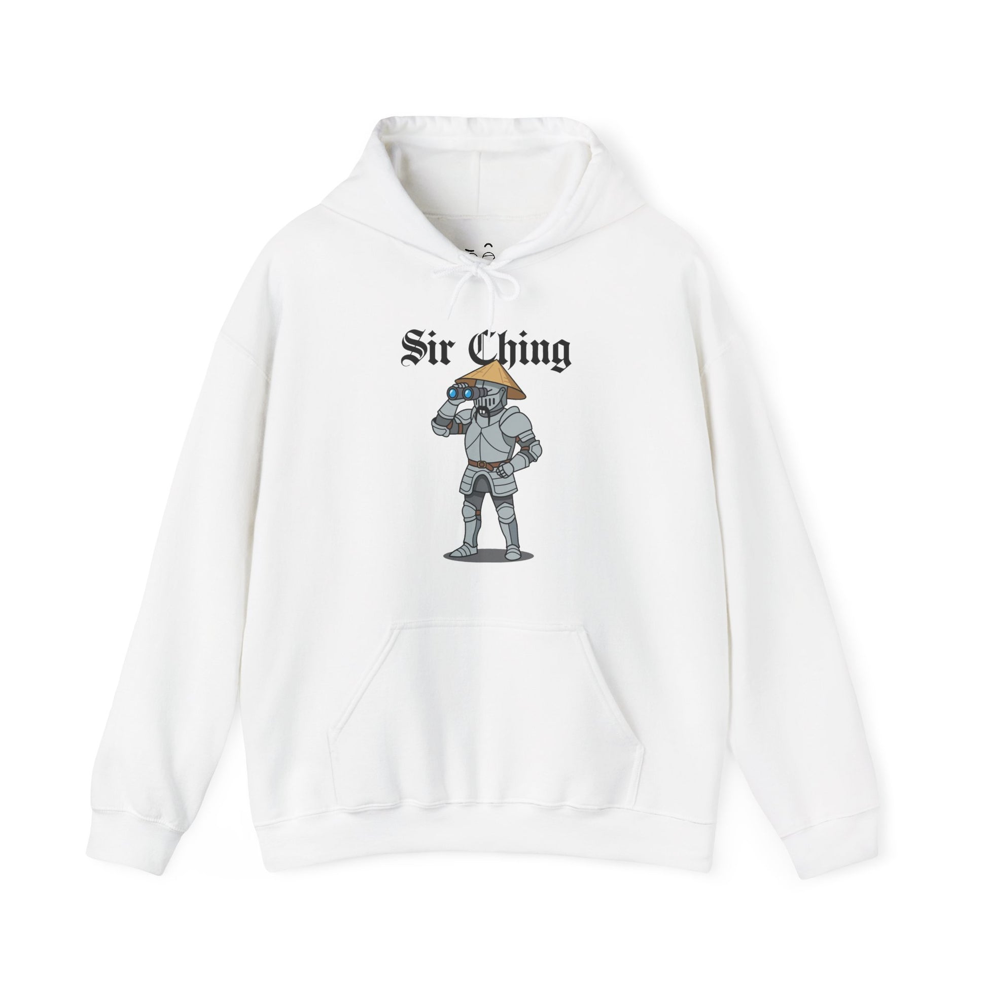 Sir Ching funny knight graphic hoodie showing a goofy Asian-inspired medieval knight in shining armor searching with binoculars, wearing a cone hat and buck teeth.