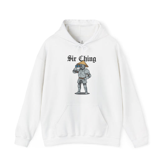 Sir Ching funny knight graphic hoodie showing a goofy Asian-inspired medieval knight in shining armor searching with binoculars, wearing a cone hat and buck teeth.