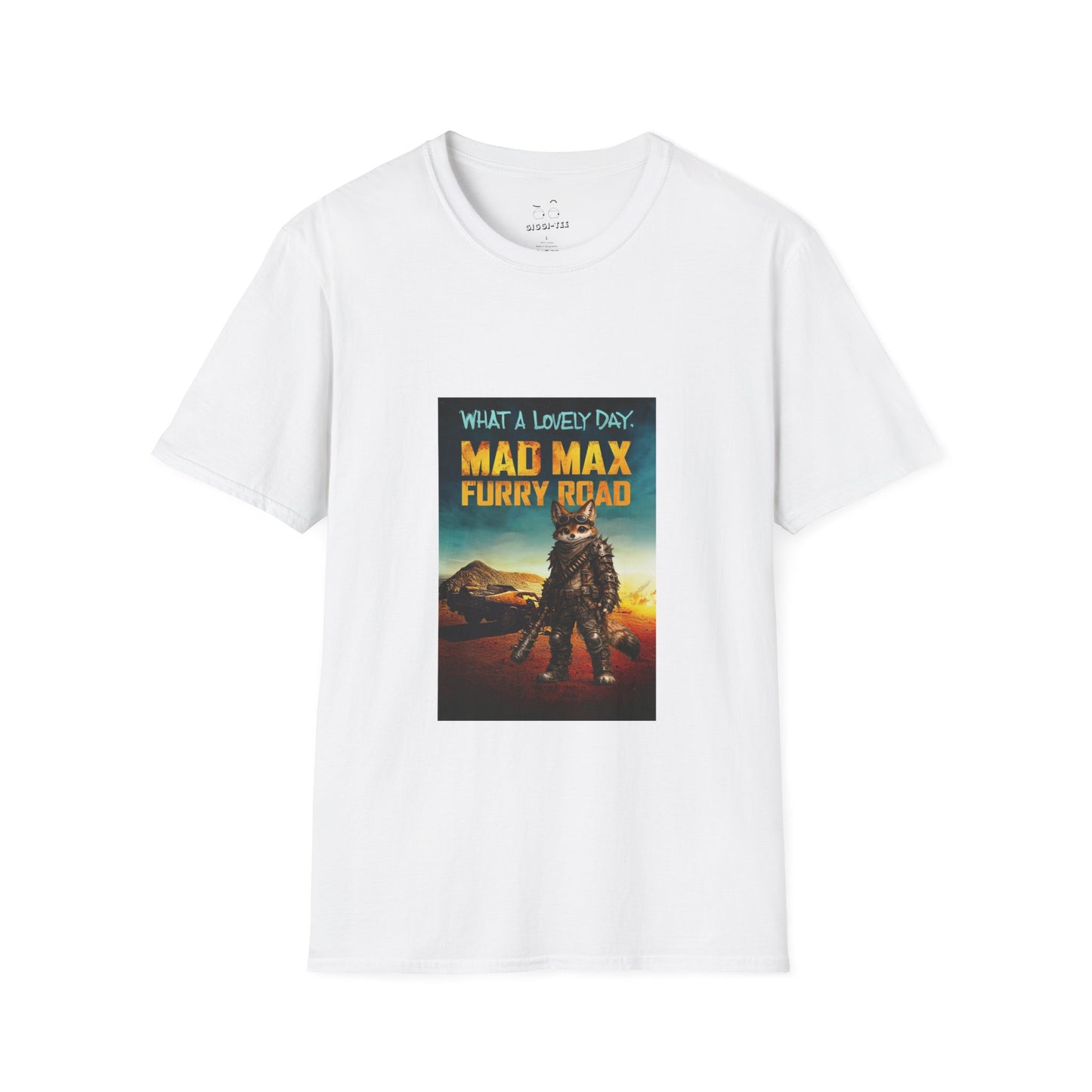 Mad Max Furry Road t-shirt design parody featuring a furry character on a post-apocalyptic movie poster style graphic.