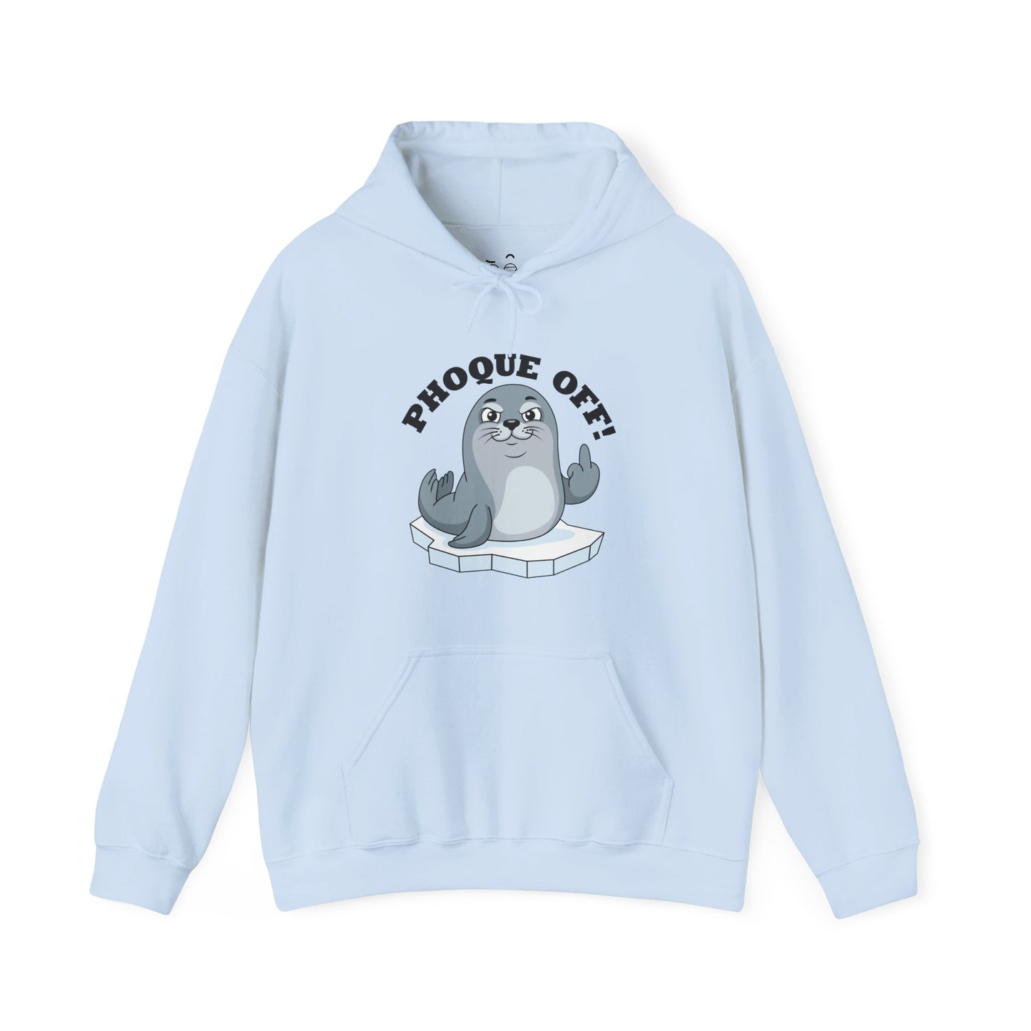 A funny seal wearing a "Phoque Off" design while giving the middle finger on a humorous pun hoodie.
