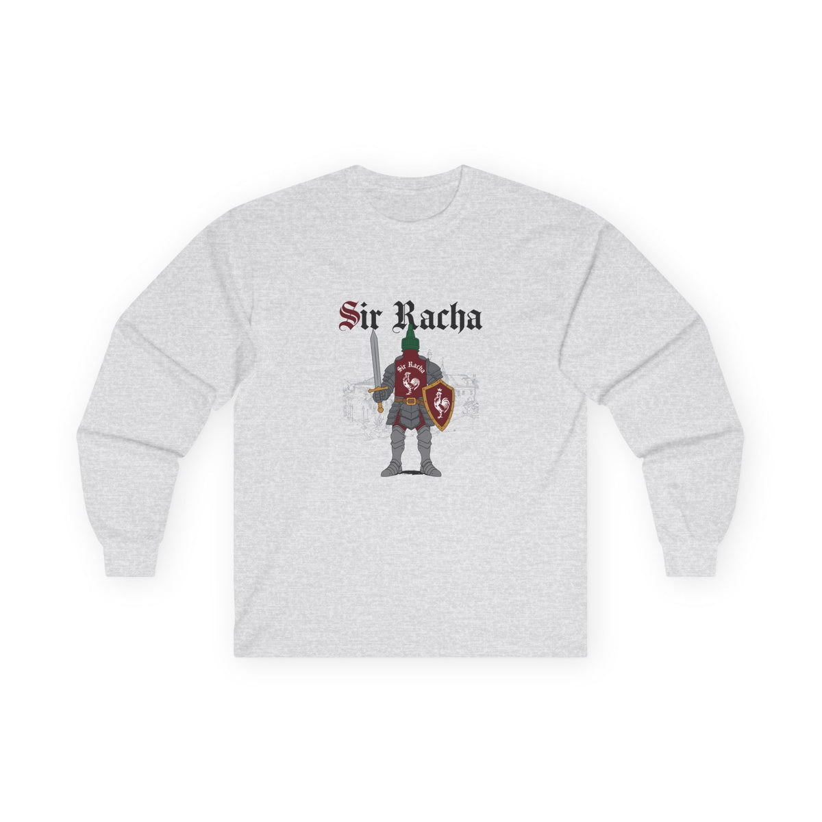 Sir Racha funny sriracha bottle dressed as a medieval knight long sleeve shirt