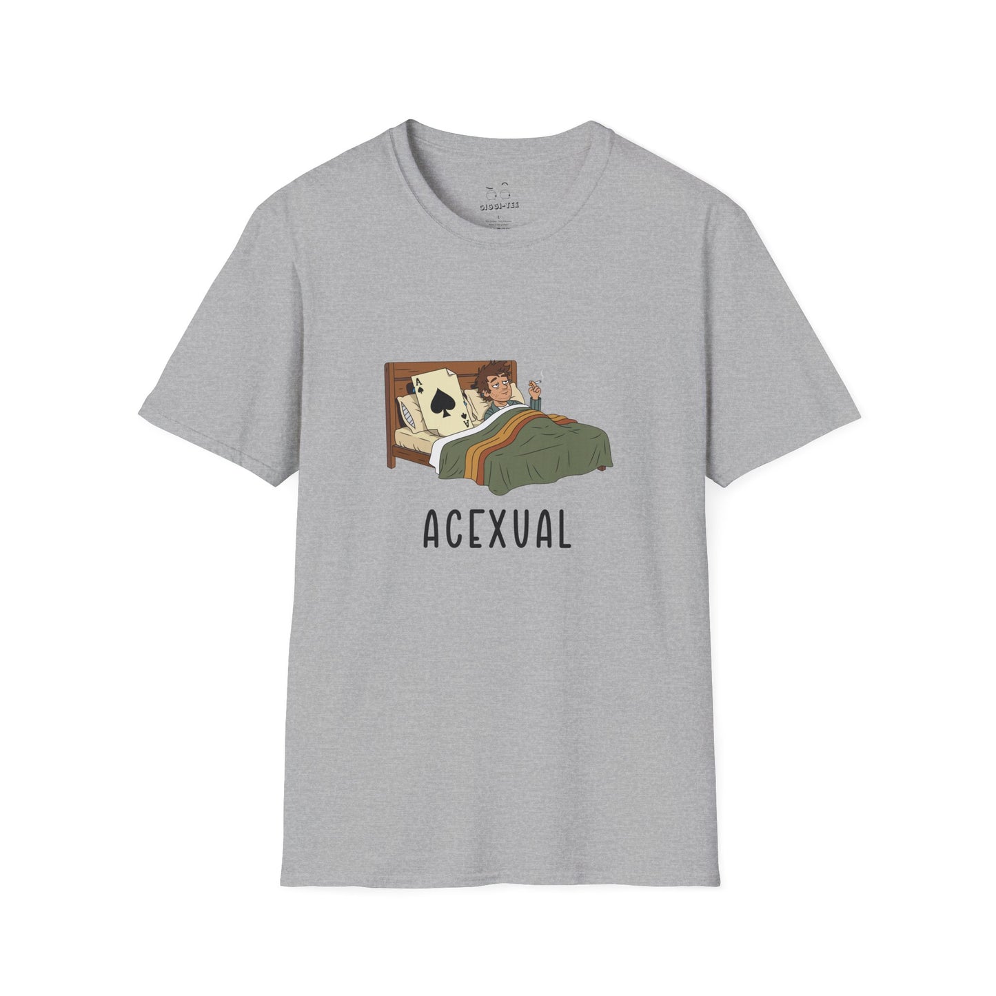 Funny Acexual shirt design showing a man lying in bed next to an Ace playing card in a humorous asexual pun illustration.
