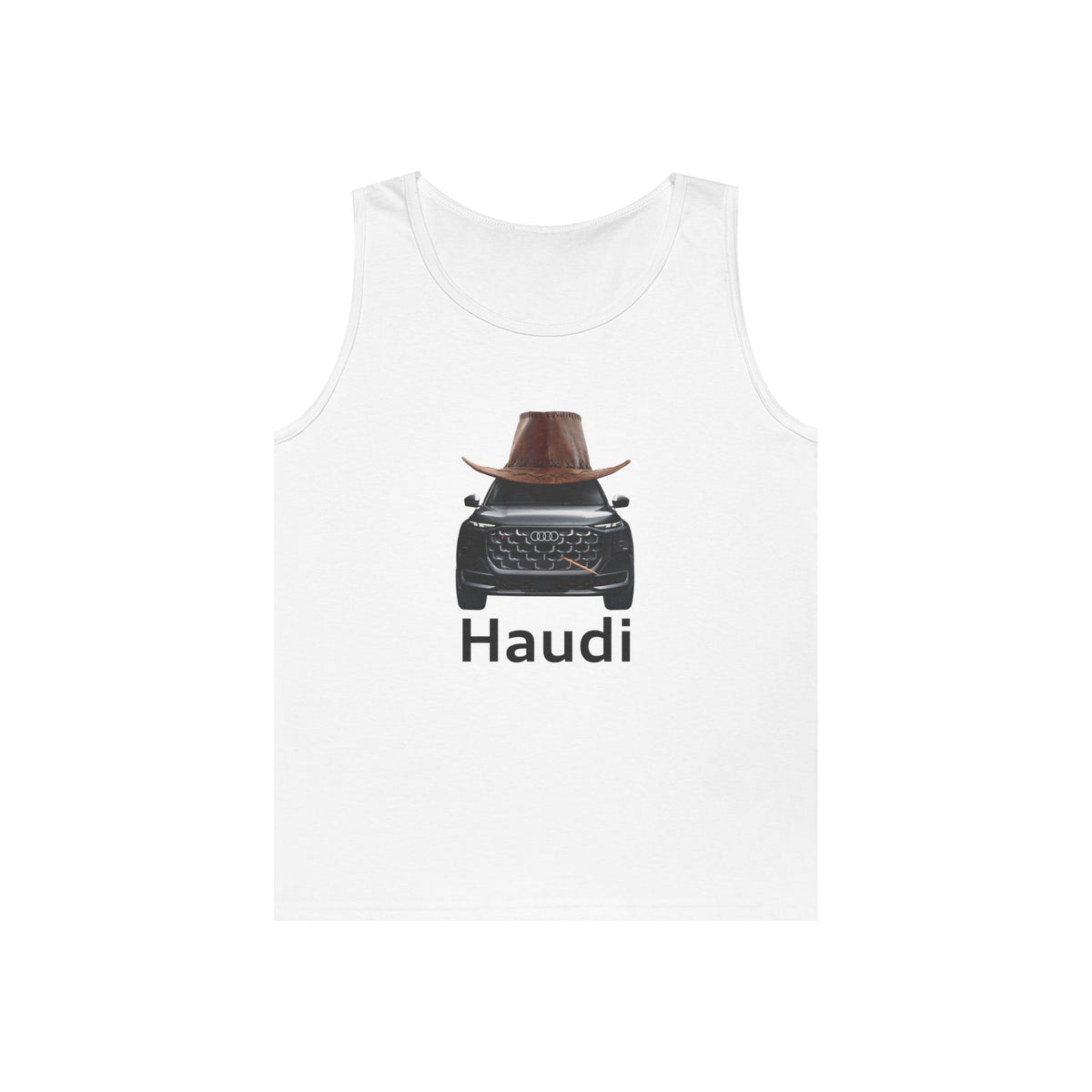 Haudi funny car tank top featuring an Audi wearing a cowboy hat and toothpick