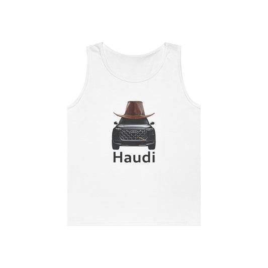 Haudi funny car tank top featuring an Audi wearing a cowboy hat and toothpick
