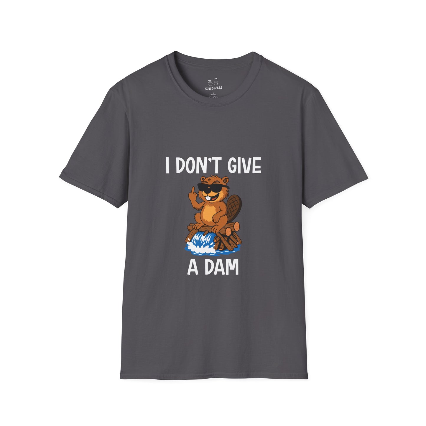 ‘I Don’t Give a Dam’ shirt featuring a cartoon beaver sitting on a dam and giving the middle finger.