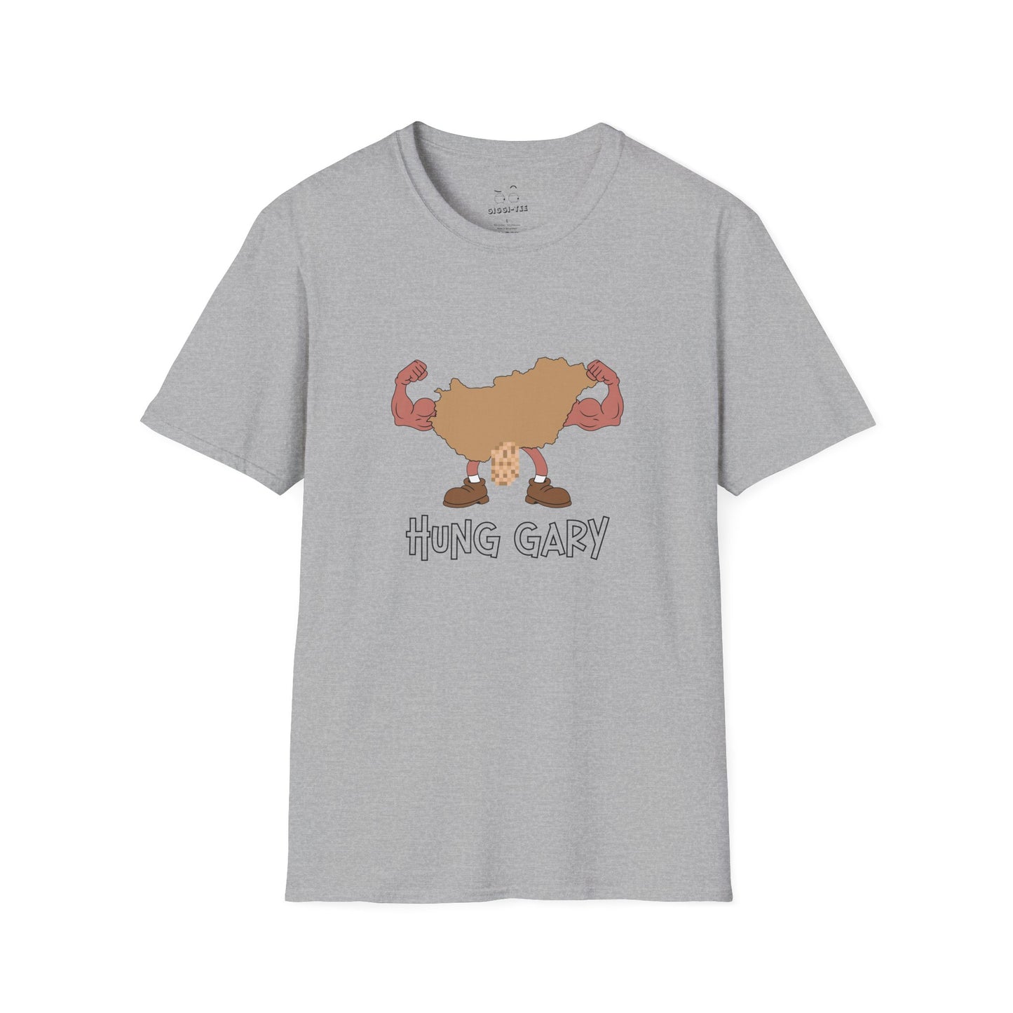 Hung Gary pun shirt: Hungary map illustration flexing muscles with an adult-themed pixelated graphic. Funny geography.