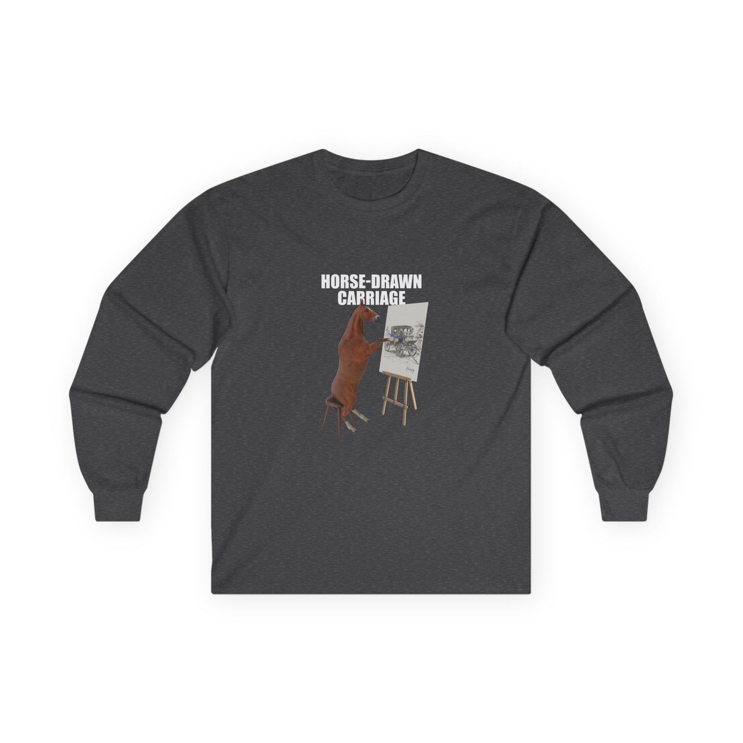 Horse sitting on a stool with a pencil, drawing a carriage on a canvas. Funny visual pun shirt on the phrase 'horse-drawn carriage'.