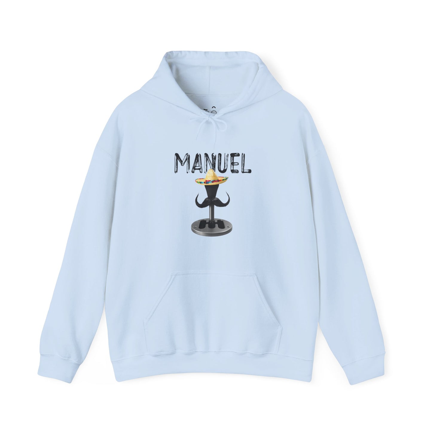 Manuel automotive parody hoodie featuring a manual transmission with sombrero and mustache
