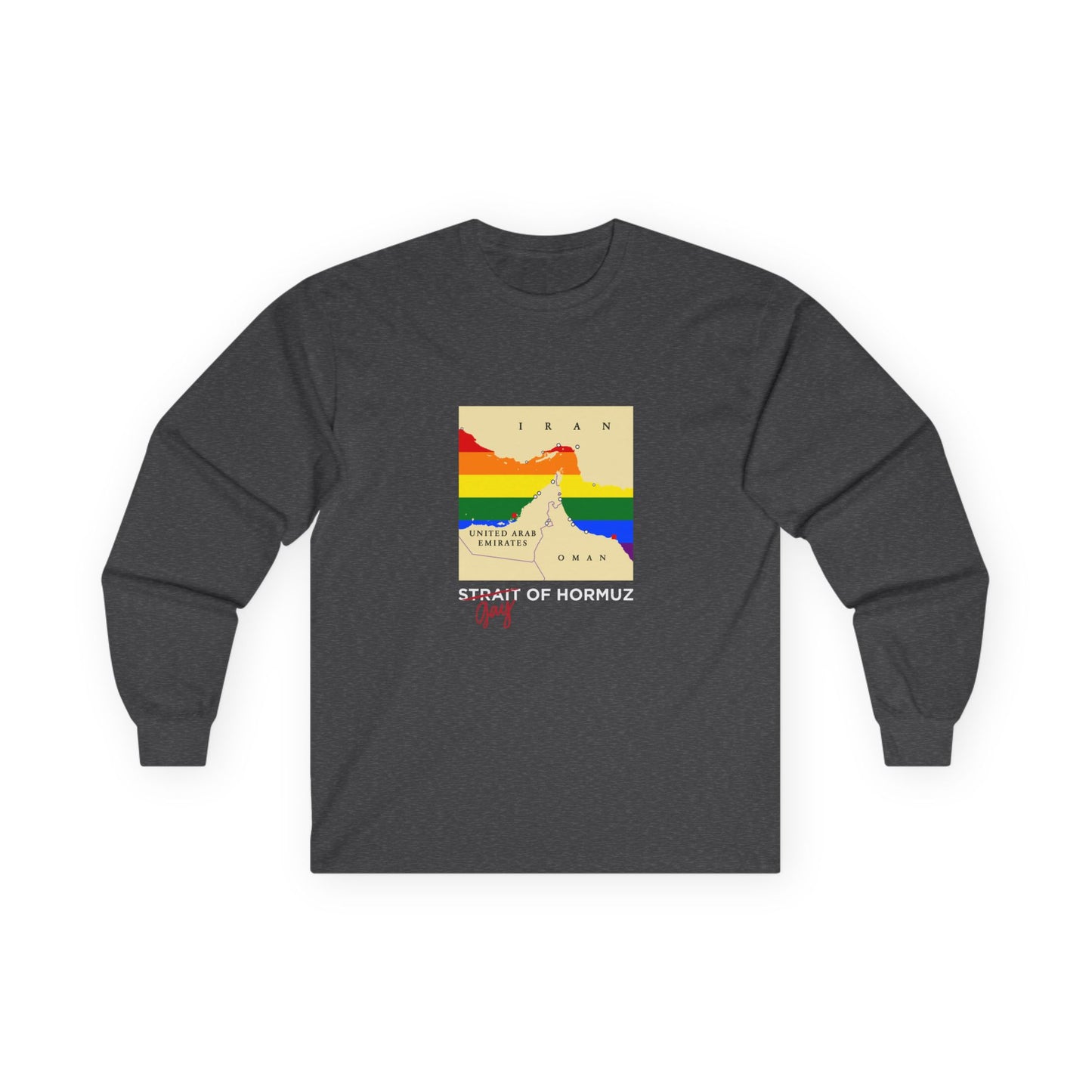 Funny long sleeve shirt with minimalist vector map of the Strait of Hormuz, Gay of Hormuz with a rainbow Pride flag filling the water between landmasses.