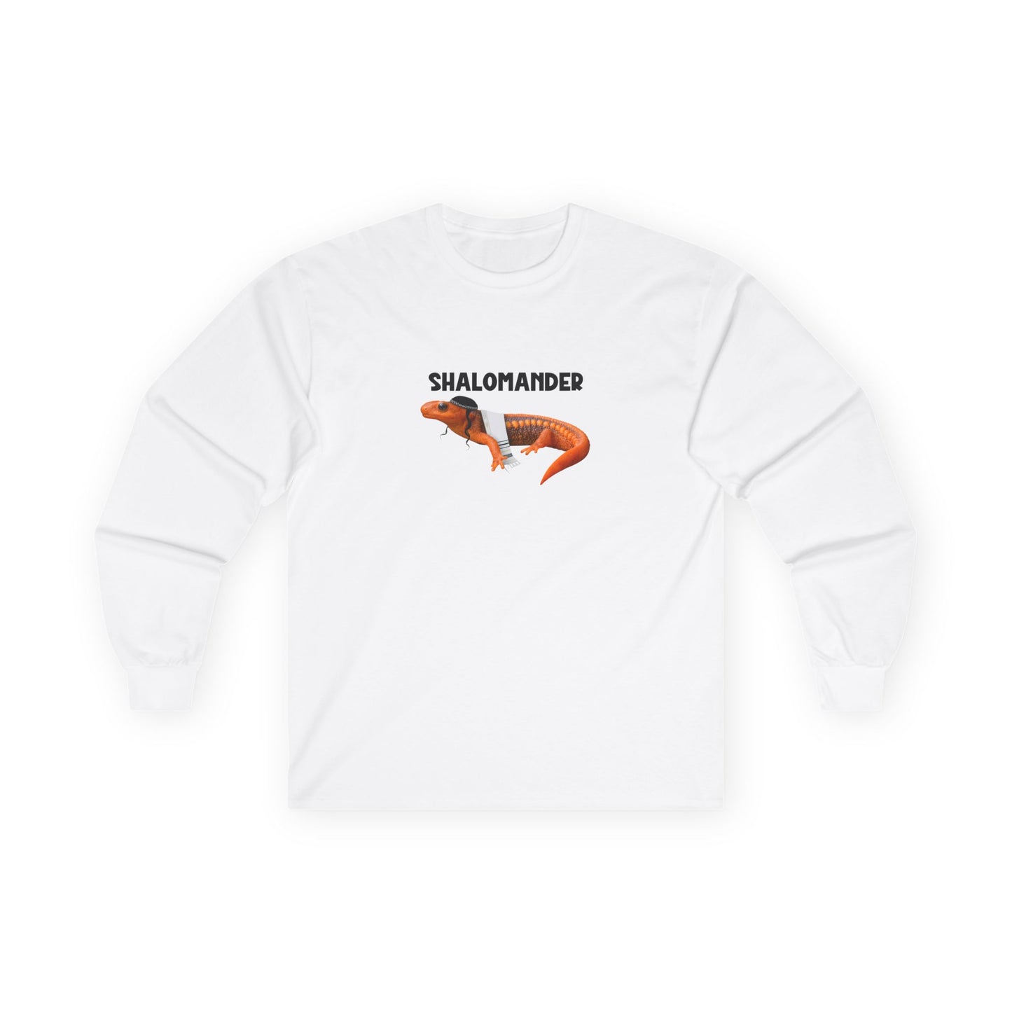 Shalomander: Funny Jewish pun long sleeve shirt featuring a salamander wearing a tallit prayer shawl, kippah, and payot.