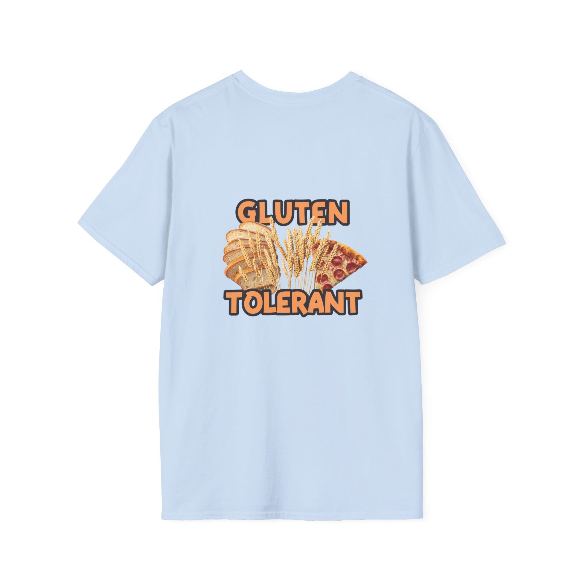 Gluten Tolerant t-shirt featuring wheat, bread, and pizza illustration